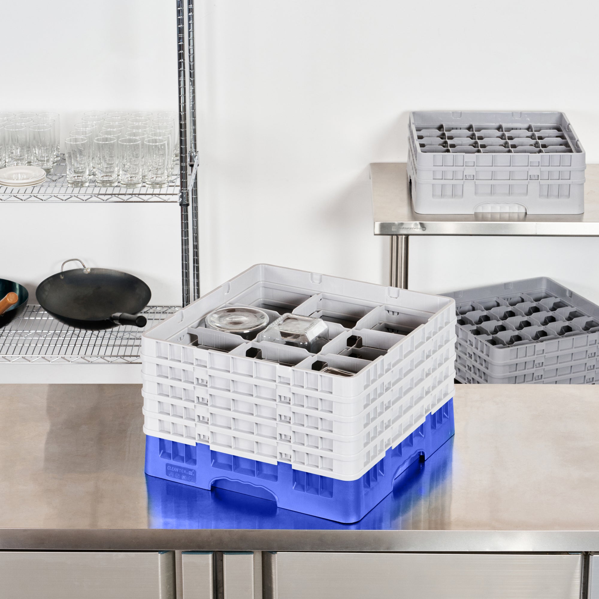 Clean Tek Professional Blue Glass Rack - 9 Compartments, 1 Full Drop and 4 Half Drop Extenders - 19 3/4" x 19 3/4" x 12 1/4" - 1 count box