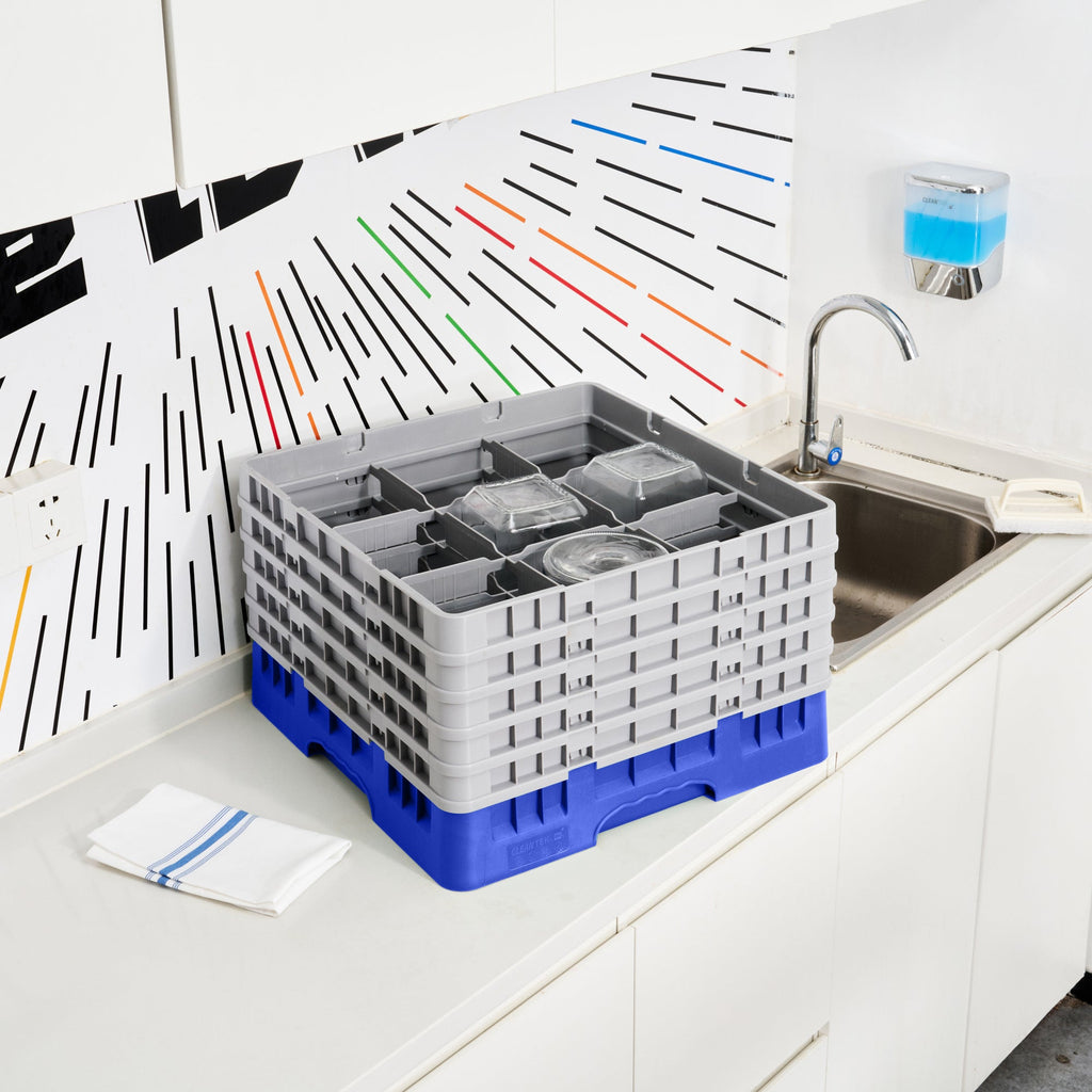 Clean Tek Professional Blue Glass Rack - 9 Compartments, 1 Full Drop and 4 Half Drop Extenders - 19 3/4" x 19 3/4" x 12 1/4" - 1 count box