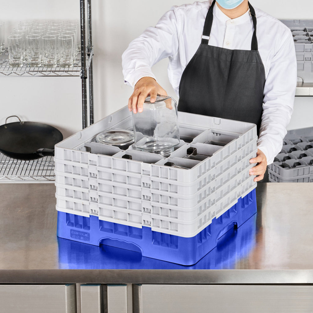 Clean Tek Professional Blue Glass Rack - 9 Compartments, 1 Full Drop and 4 Half Drop Extenders - 19 3/4" x 19 3/4" x 12 1/4" - 1 count box
