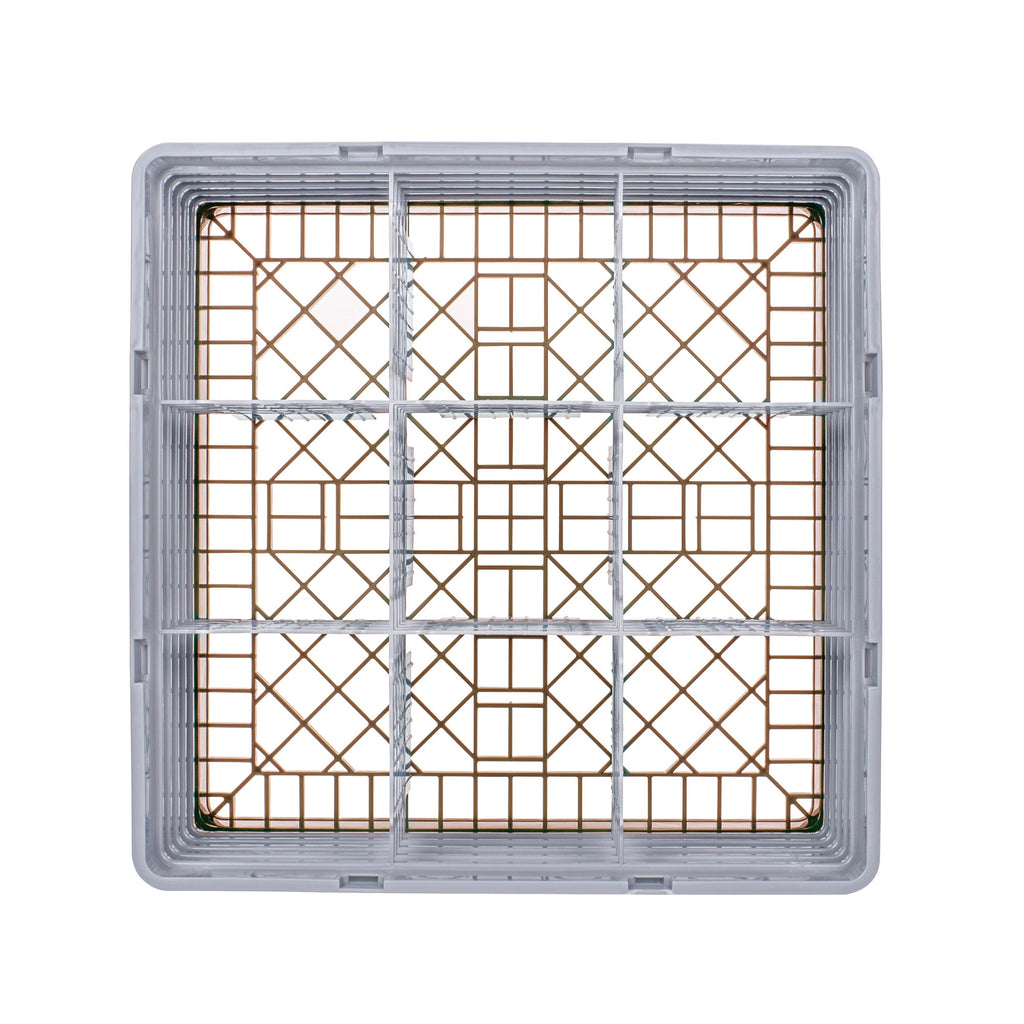 Clean Tek Professional Brown Glass Rack - 9 Compartments, 1 Full Drop and 4 Half Drop Extenders - 19 3/4" x 19 3/4" x 12 1/4" - 1 count box