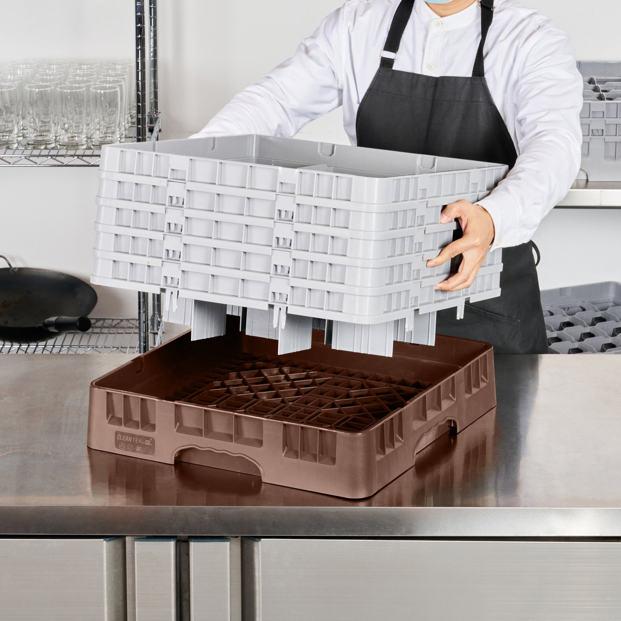 Clean Tek Professional Brown Glass Rack - 9 Compartments, 1 Full Drop and 4 Half Drop Extenders - 19 3/4" x 19 3/4" x 12 1/4" - 1 count box