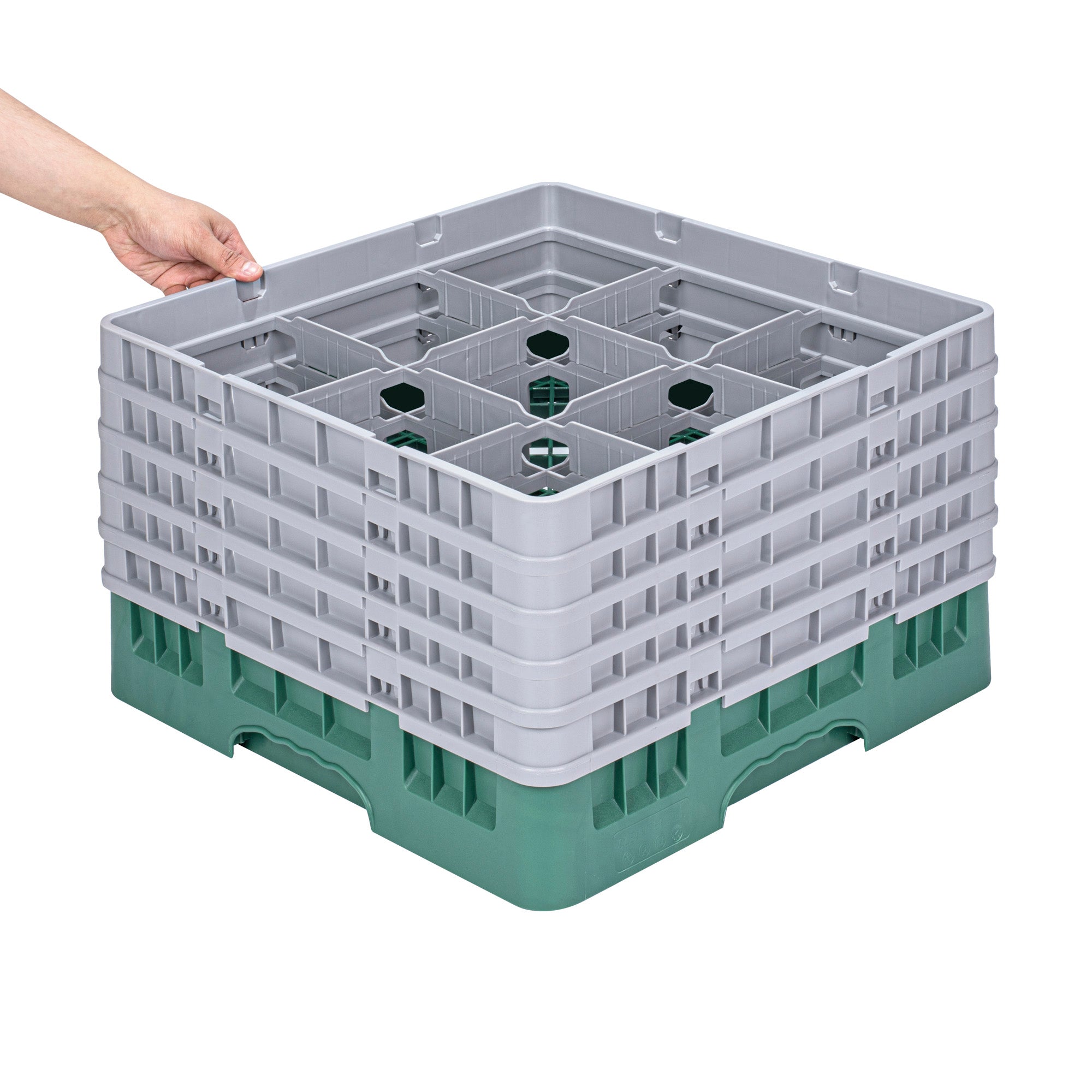 Clean Tek Professional Green Glass Rack - 9 Compartments, 1 Full Drop and 4 Half Drop Extenders - 19 3/4" x 19 3/4" x 12 1/4" - 1 count box