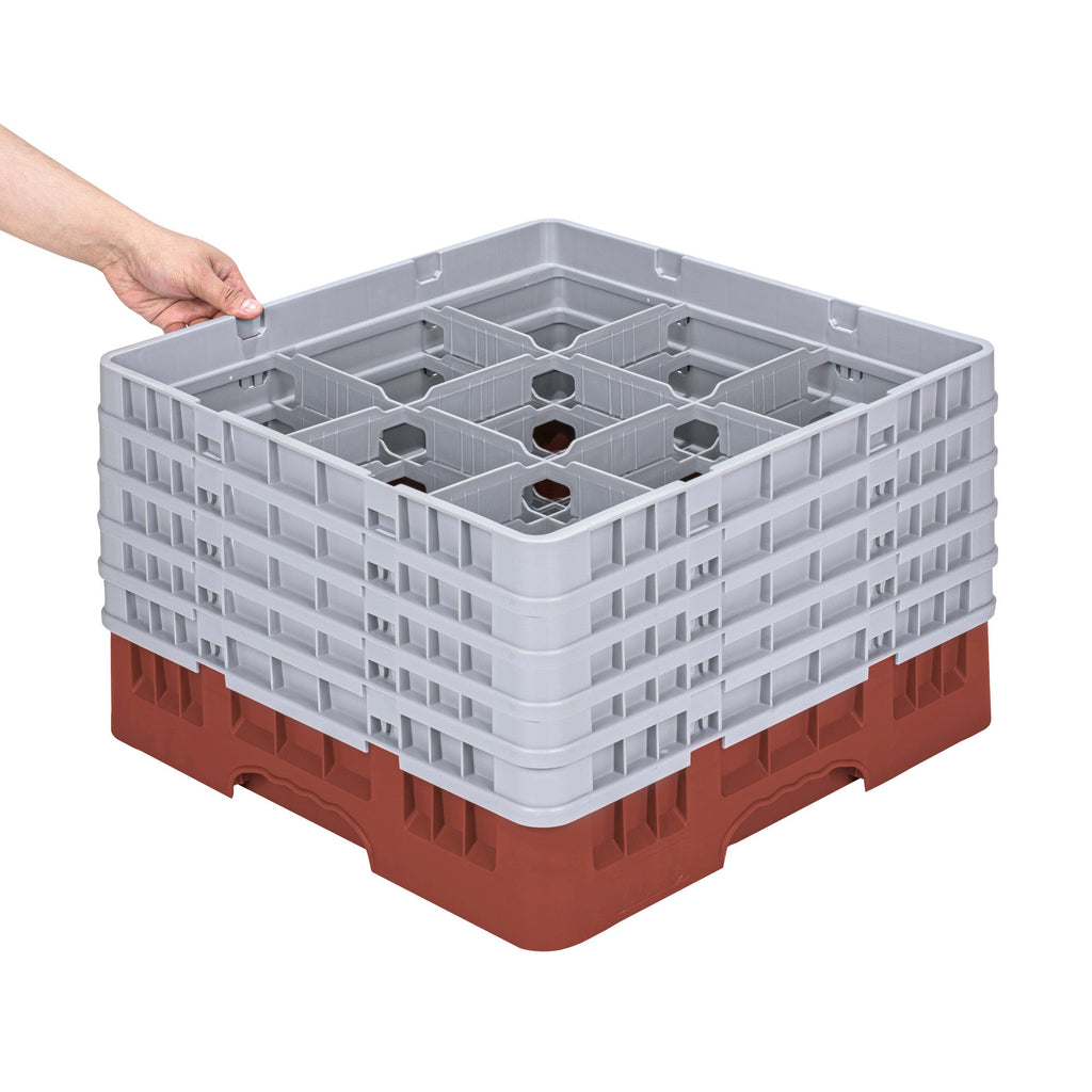 Clean Tek Professional Red Glass Rack - 9 Compartments, 1 Full Drop and 4 Half Drop Extenders - 19 3/4" x 19 3/4" x 12 1/4" - 1 count box