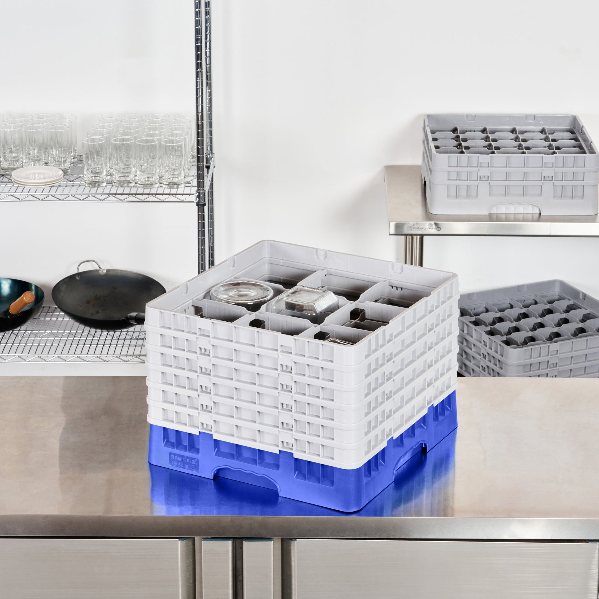 Clean Tek Professional Blue Glass Rack - 9 Compartments, 1 Full Drop and 5 Half Drop Extenders - 19 3/4" x 19 3/4" x 13 3/4" - 1 count box