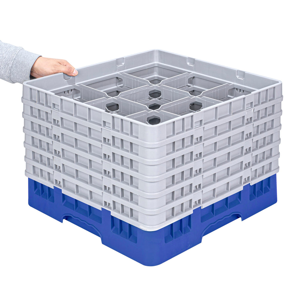 Clean Tek Professional Blue Glass Rack - 9 Compartments, 1 Full Drop and 5 Half Drop Extenders - 19 3/4" x 19 3/4" x 13 3/4" - 1 count box
