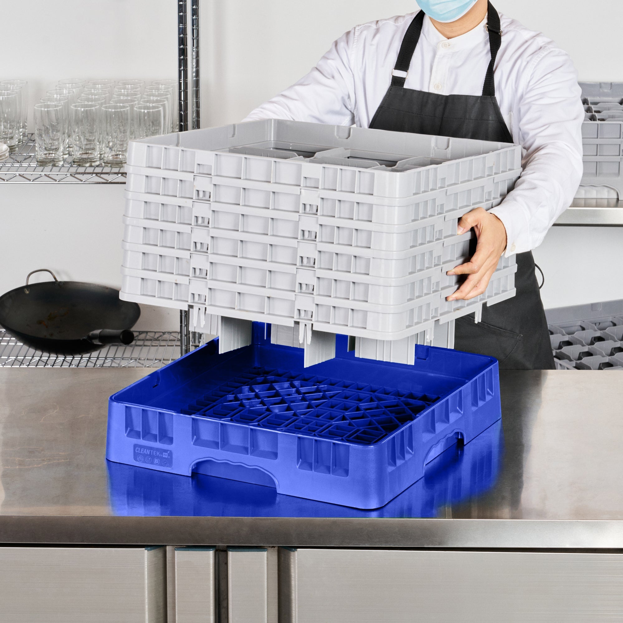 Clean Tek Professional Blue Glass Rack - 9 Compartments, 1 Full Drop and 5 Half Drop Extenders - 19 3/4" x 19 3/4" x 13 3/4" - 1 count box
