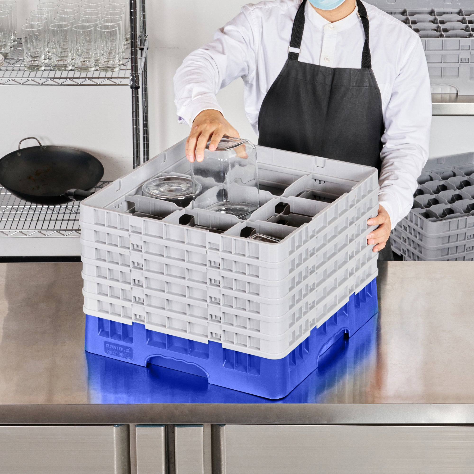 Clean Tek Professional Blue Glass Rack - 9 Compartments, 1 Full Drop and 5 Half Drop Extenders - 19 3/4" x 19 3/4" x 13 3/4" - 1 count box