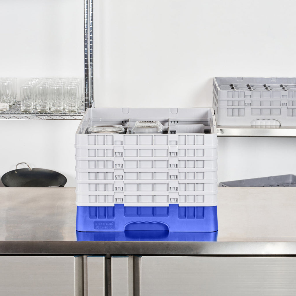 Clean Tek Professional Blue Glass Rack - 9 Compartments, 1 Full Drop and 5 Half Drop Extenders - 19 3/4" x 19 3/4" x 13 3/4" - 1 count box