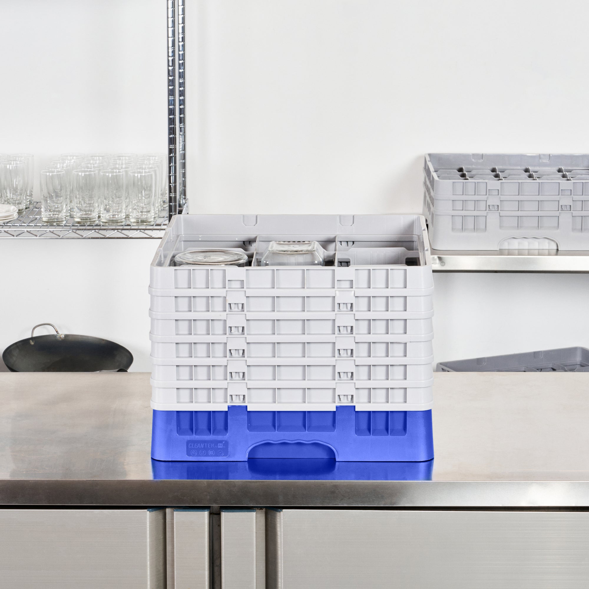 Clean Tek Professional Blue Glass Rack - 9 Compartments, 1 Full Drop and 5 Half Drop Extenders - 19 3/4" x 19 3/4" x 13 3/4" - 1 count box
