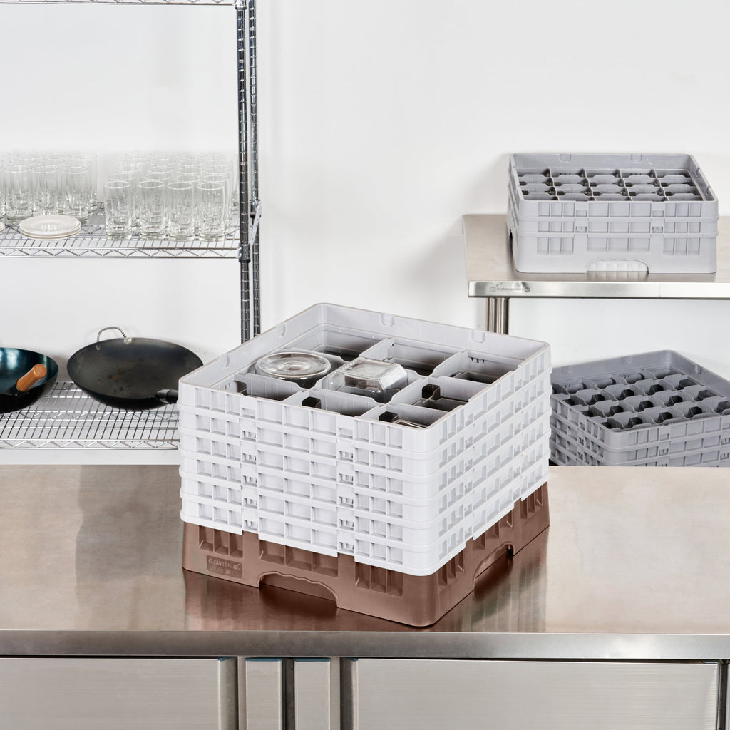 Clean Tek Professional Brown Glass Rack - 9 Compartments, 1 Full Drop and 5 Half Drop Extenders - 19 3/4" x 19 3/4" x 13 3/4" - 1 count box