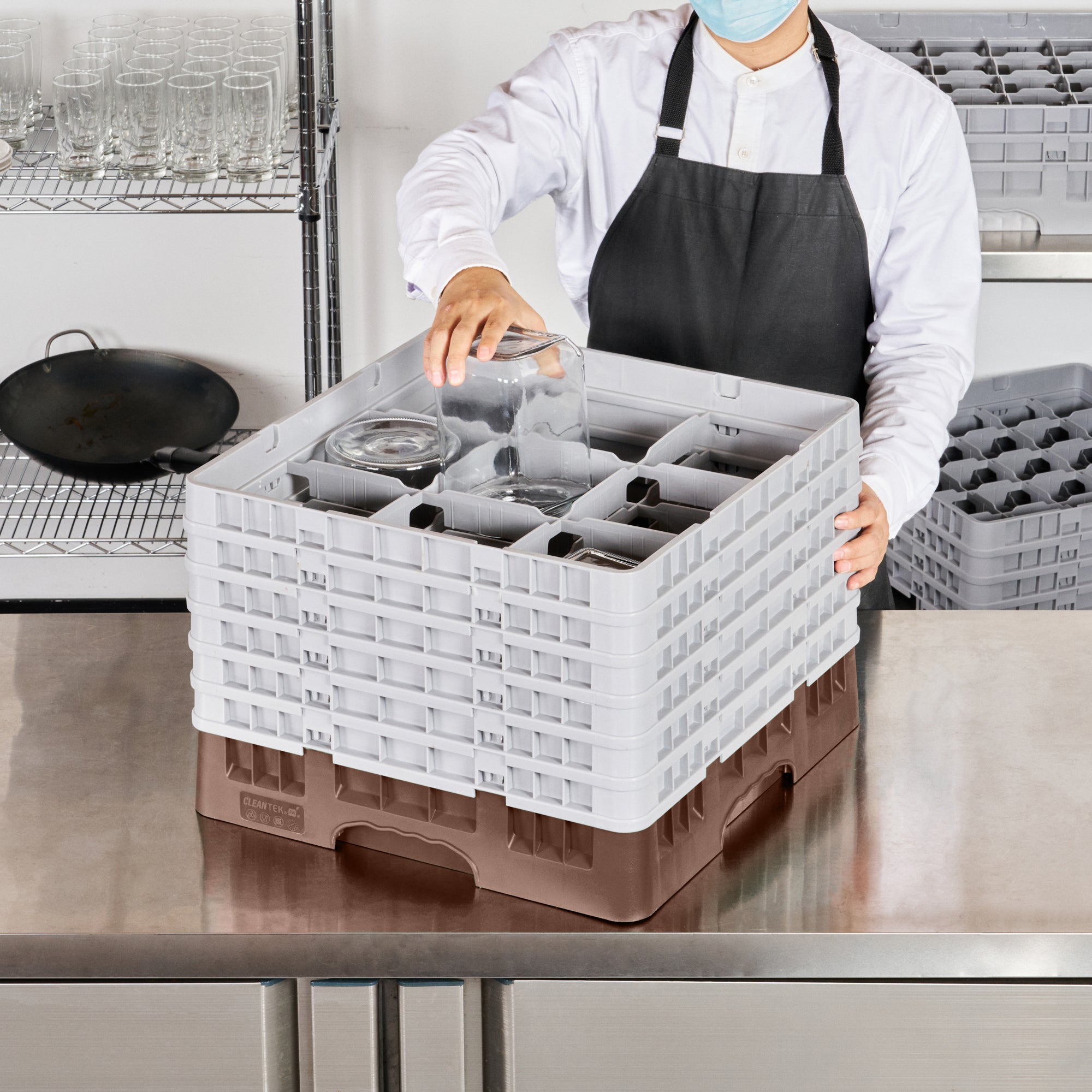 Clean Tek Professional Brown Glass Rack - 9 Compartments, 1 Full Drop and 5 Half Drop Extenders - 19 3/4" x 19 3/4" x 13 3/4" - 1 count box
