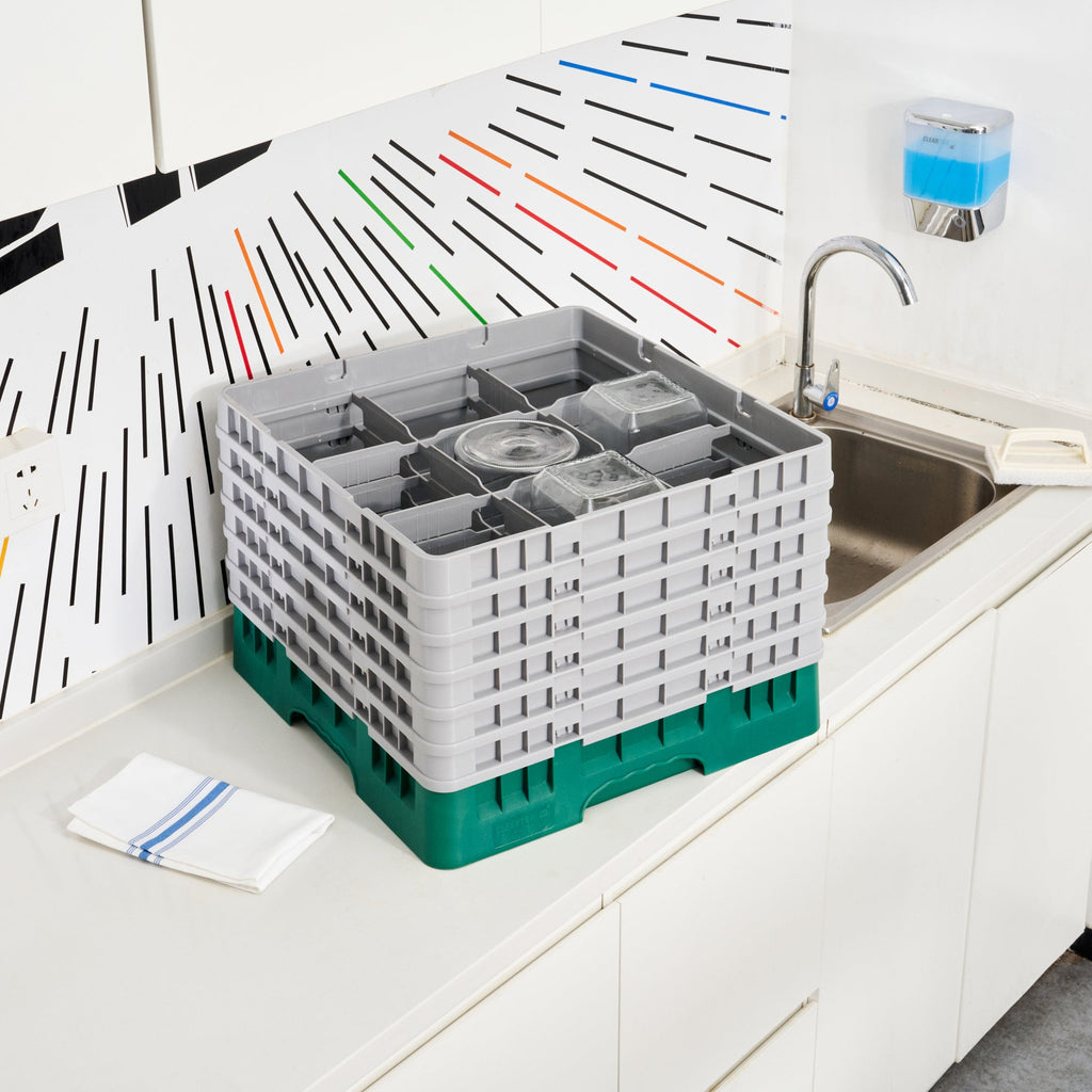 Clean Tek Professional Green Glass Rack - 9 Compartments, 1 Full Drop and 5 Half Drop Extenders - 19 3/4" x 19 3/4" x 13 3/4" - 1 count box