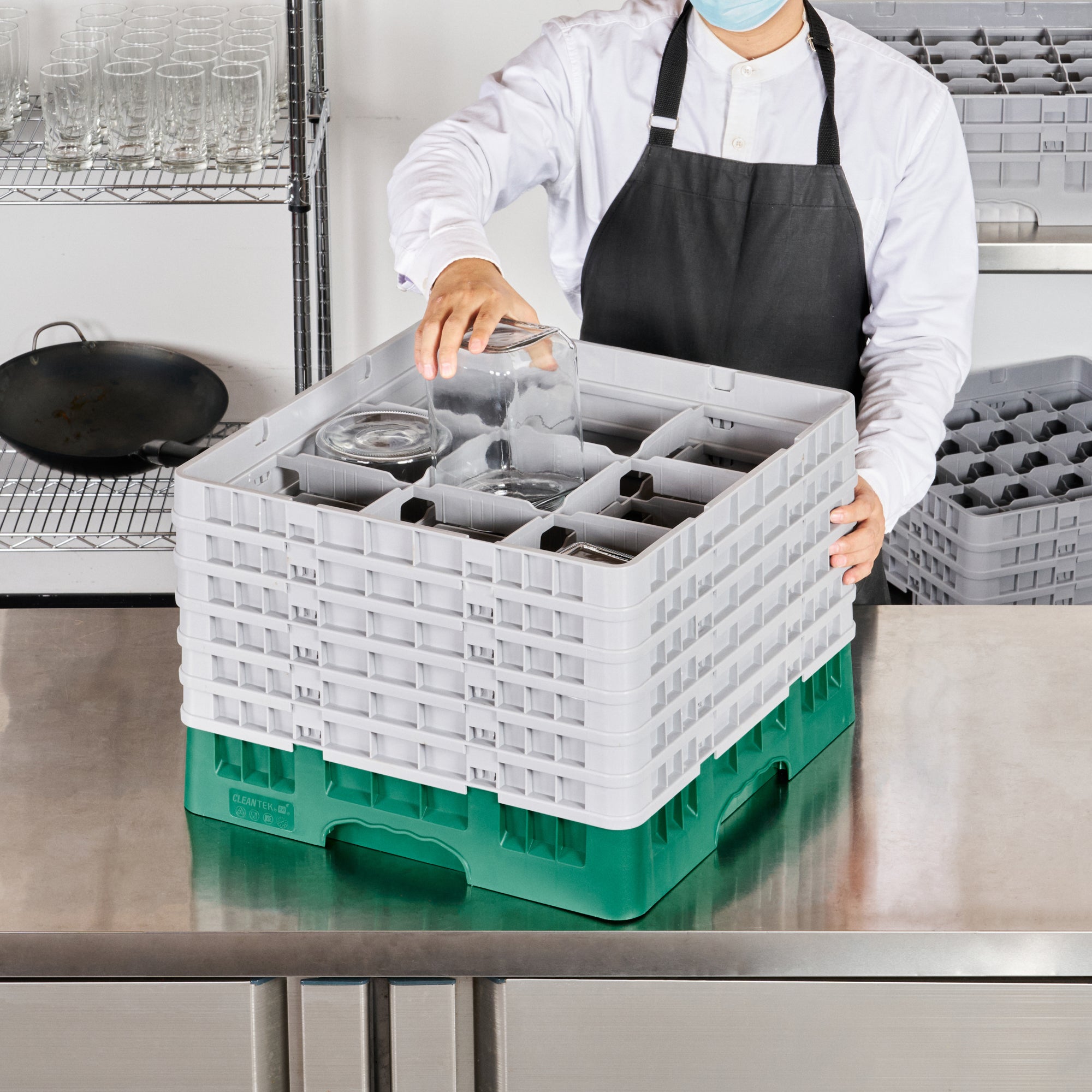 Clean Tek Professional Green Glass Rack - 9 Compartments, 1 Full Drop and 5 Half Drop Extenders - 19 3/4" x 19 3/4" x 13 3/4" - 1 count box