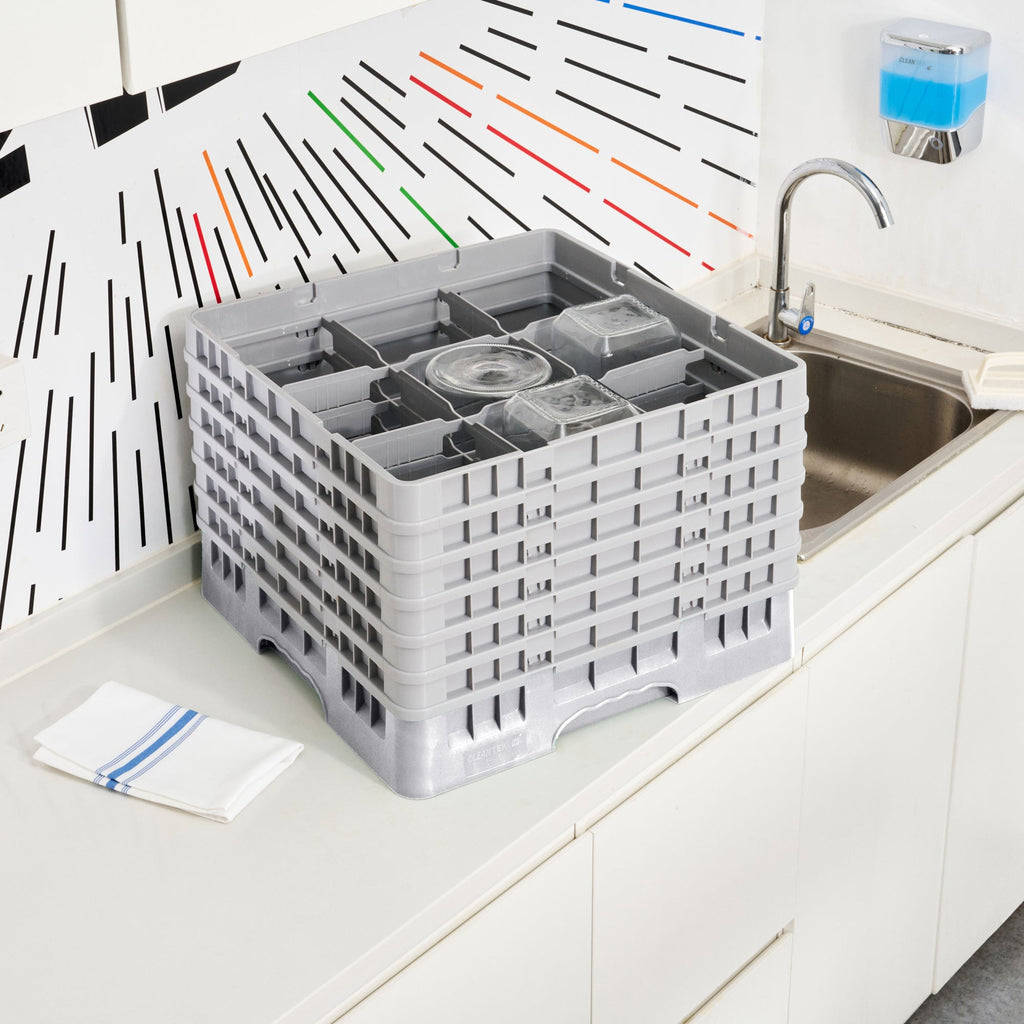 Clean Tek Professional Gray Glass Rack - 9 Compartments, 1 Full Drop and 5 Half Drop Extenders - 19 3/4" x 19 3/4" x 13 3/4" - 1 count box