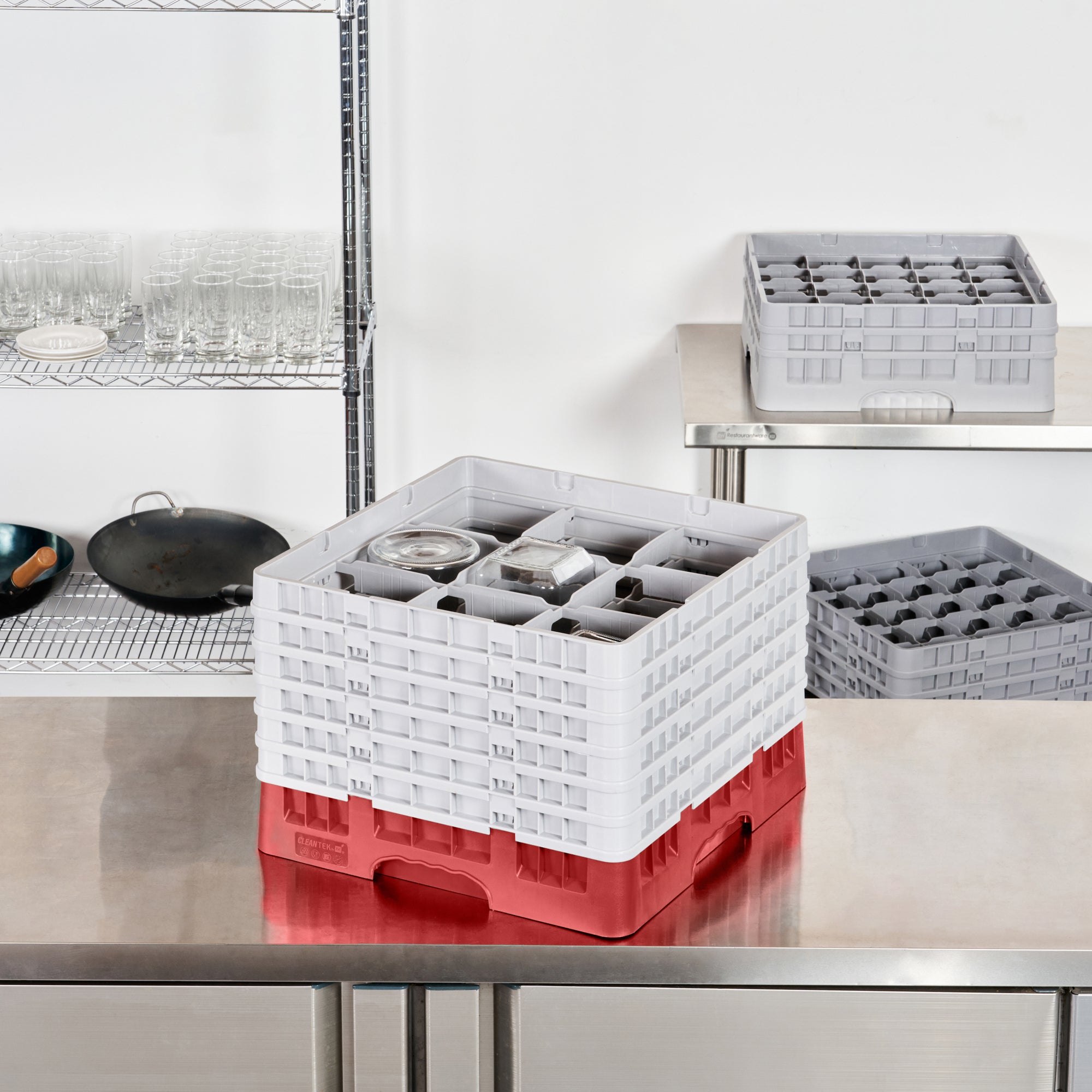 Clean Tek Professional Red Glass Rack - 9 Compartments, 1 Full Drop and 5 Half Drop Extenders - 19 3/4" x 19 3/4" x 13 3/4" - 1 count box