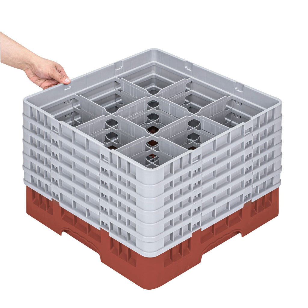 Clean Tek Professional Red Glass Rack - 9 Compartments, 1 Full Drop and 5 Half Drop Extenders - 19 3/4" x 19 3/4" x 13 3/4" - 1 count box