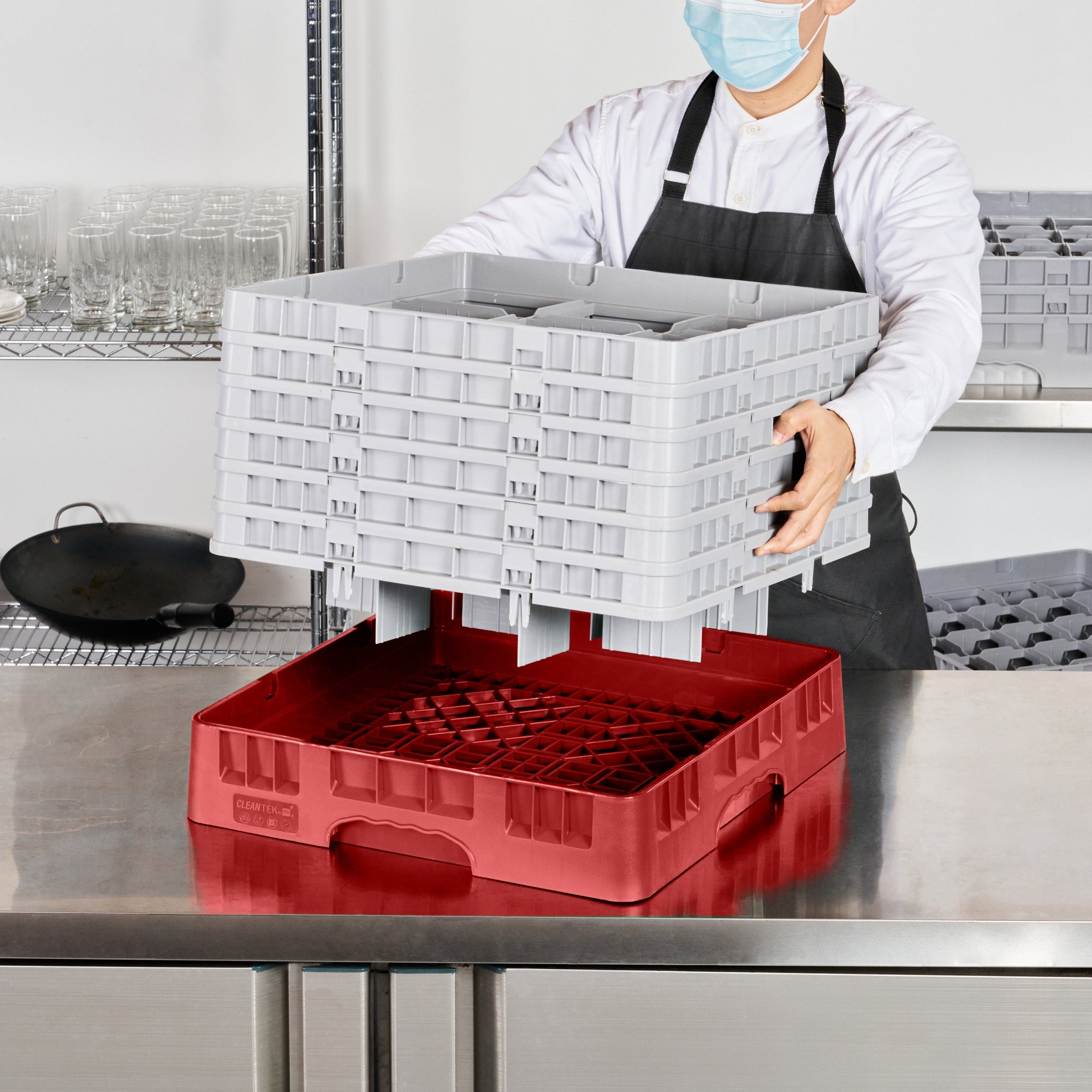 Clean Tek Professional Red Glass Rack - 9 Compartments, 1 Full Drop and 5 Half Drop Extenders - 19 3/4" x 19 3/4" x 13 3/4" - 1 count box