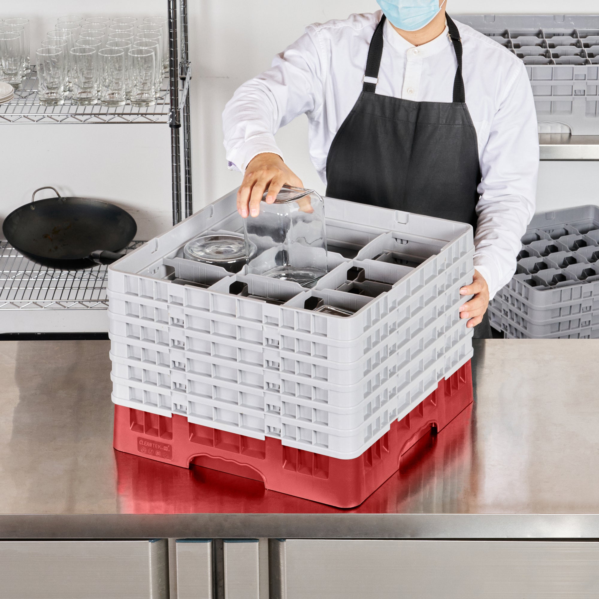Clean Tek Professional Red Glass Rack - 9 Compartments, 1 Full Drop and 5 Half Drop Extenders - 19 3/4" x 19 3/4" x 13 3/4" - 1 count box