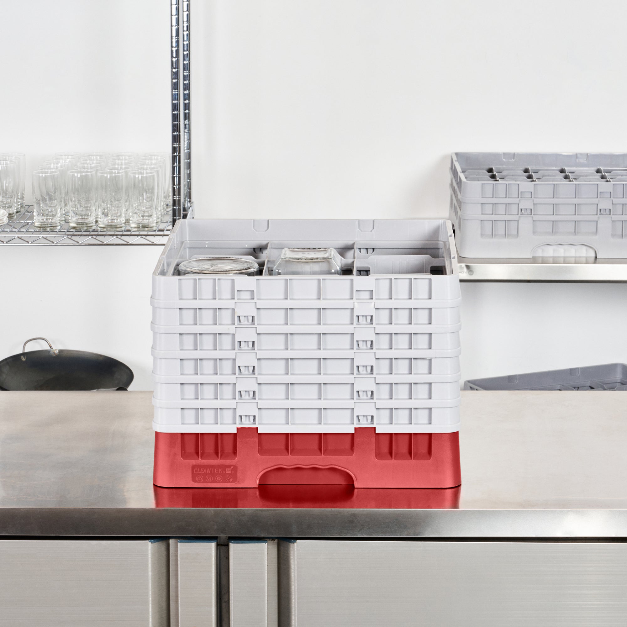 Clean Tek Professional Red Glass Rack - 9 Compartments, 1 Full Drop and 5 Half Drop Extenders - 19 3/4" x 19 3/4" x 13 3/4" - 1 count box