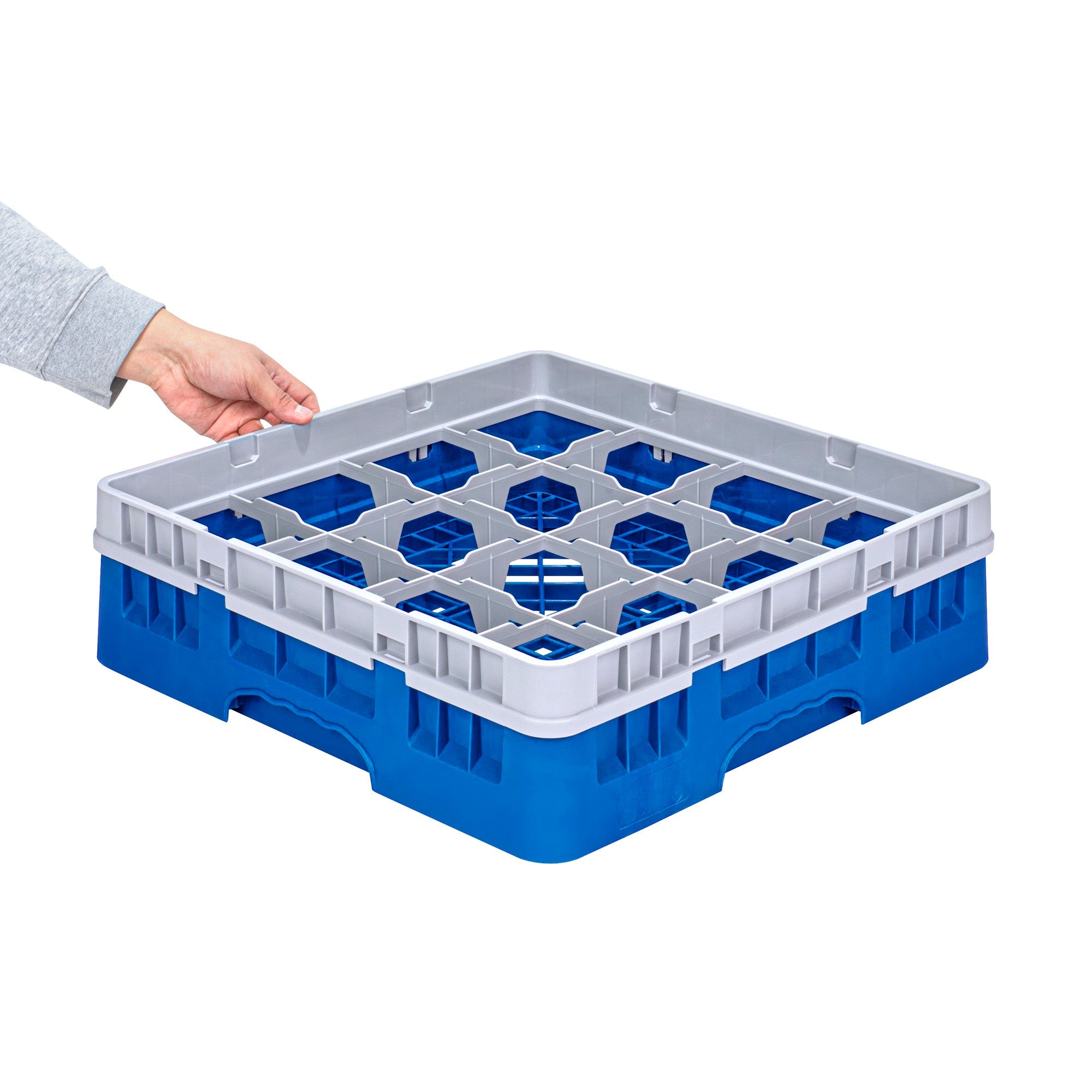 Clean Tek Professional Blue Glass Rack - 16 Compartments, 1 Full Drop Extender - 19 3/4" x 19 3/4" x 5 3/4" - 1 count box