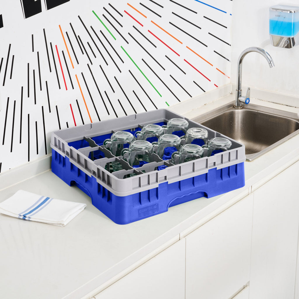 Clean Tek Professional Blue Glass Rack - 16 Compartments, 1 Full Drop Extender - 19 3/4" x 19 3/4" x 5 3/4" - 1 count box