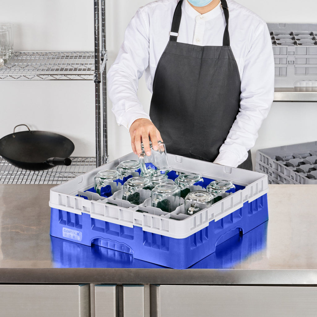 Clean Tek Professional Blue Glass Rack - 16 Compartments, 1 Full Drop Extender - 19 3/4" x 19 3/4" x 5 3/4" - 1 count box