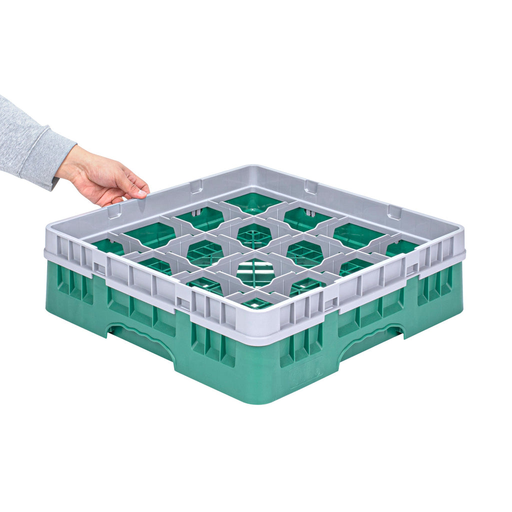Clean Tek Professional Green Glass Rack - 16 Compartments, 1 Full Drop Extender - 19 3/4" x 19 3/4" x 5 3/4" - 1 count box