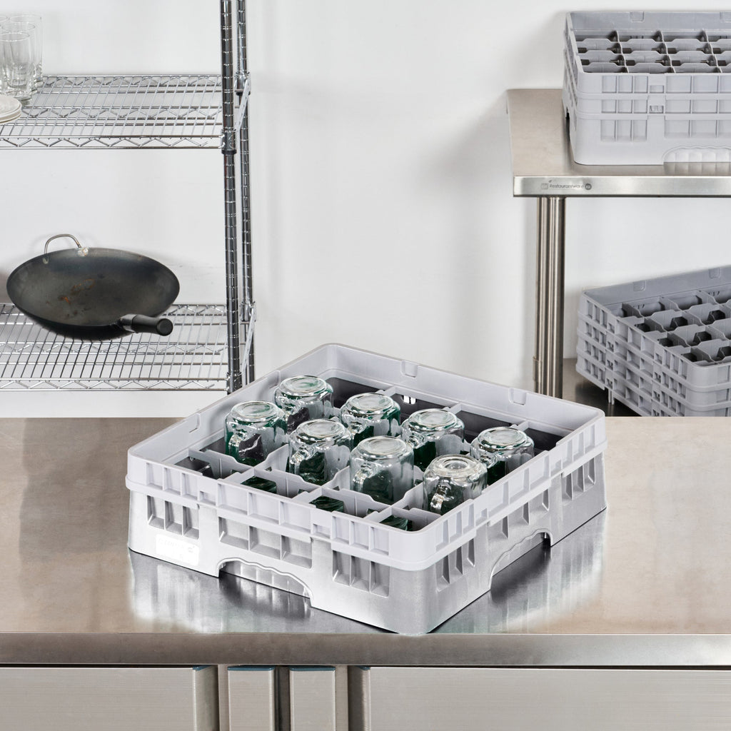 Clean Tek Professional Gray Glass Rack - 16 Compartments, 1 Full Drop Extender - 19 3/4" x 19 3/4" x 5 3/4" - 1 count box
