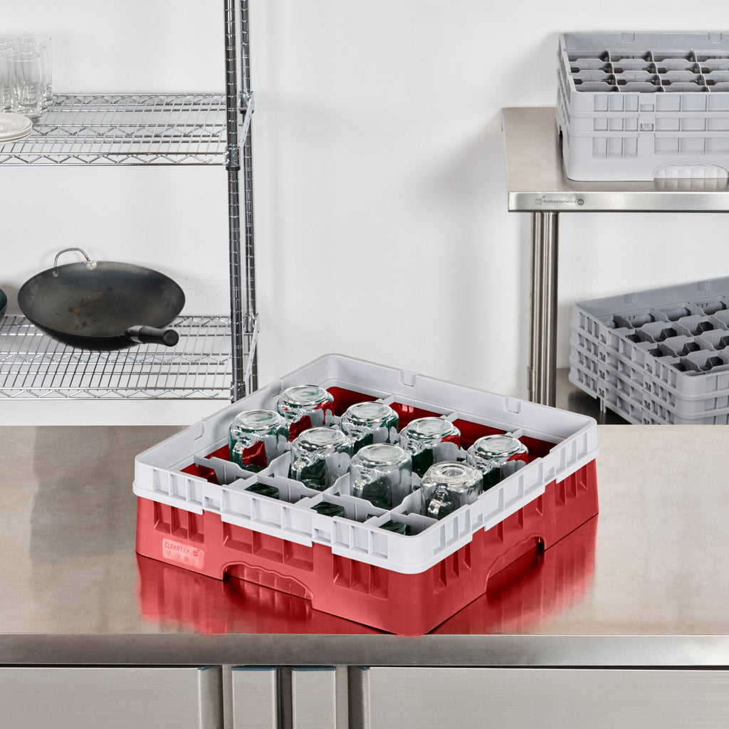 Clean Tek Professional Red Glass Rack - 16 Compartments, 1 Full Drop Extender - 19 3/4" x 19 3/4" x 5 3/4" - 1 count box