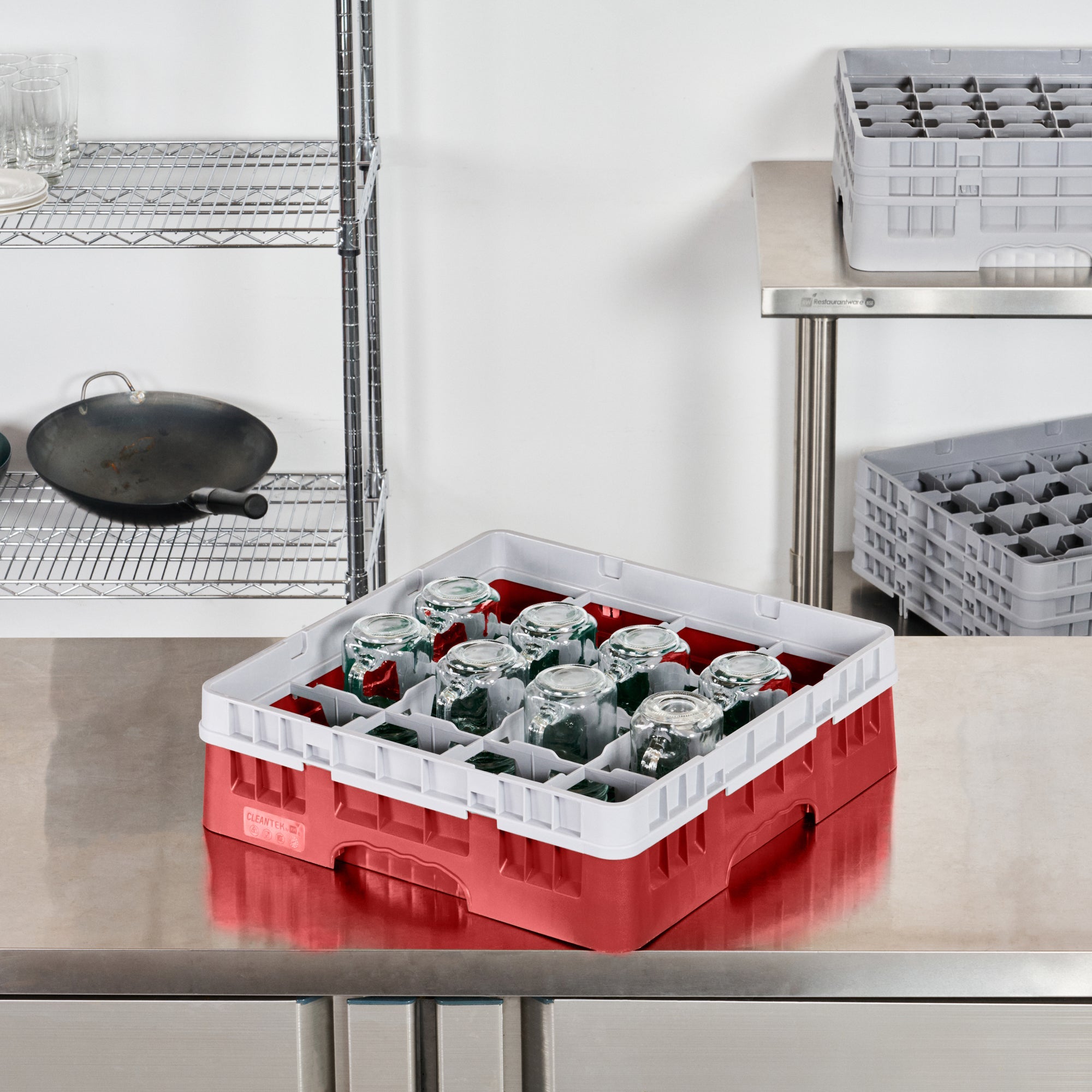 Clean Tek Professional Red Glass Rack - 16 Compartments, 1 Full Drop Extender - 19 3/4" x 19 3/4" x 5 3/4" - 1 count box