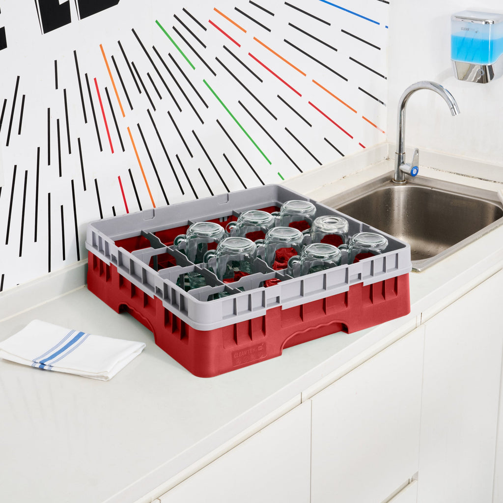 Clean Tek Professional Red Glass Rack - 16 Compartments, 1 Full Drop Extender - 19 3/4" x 19 3/4" x 5 3/4" - 1 count box