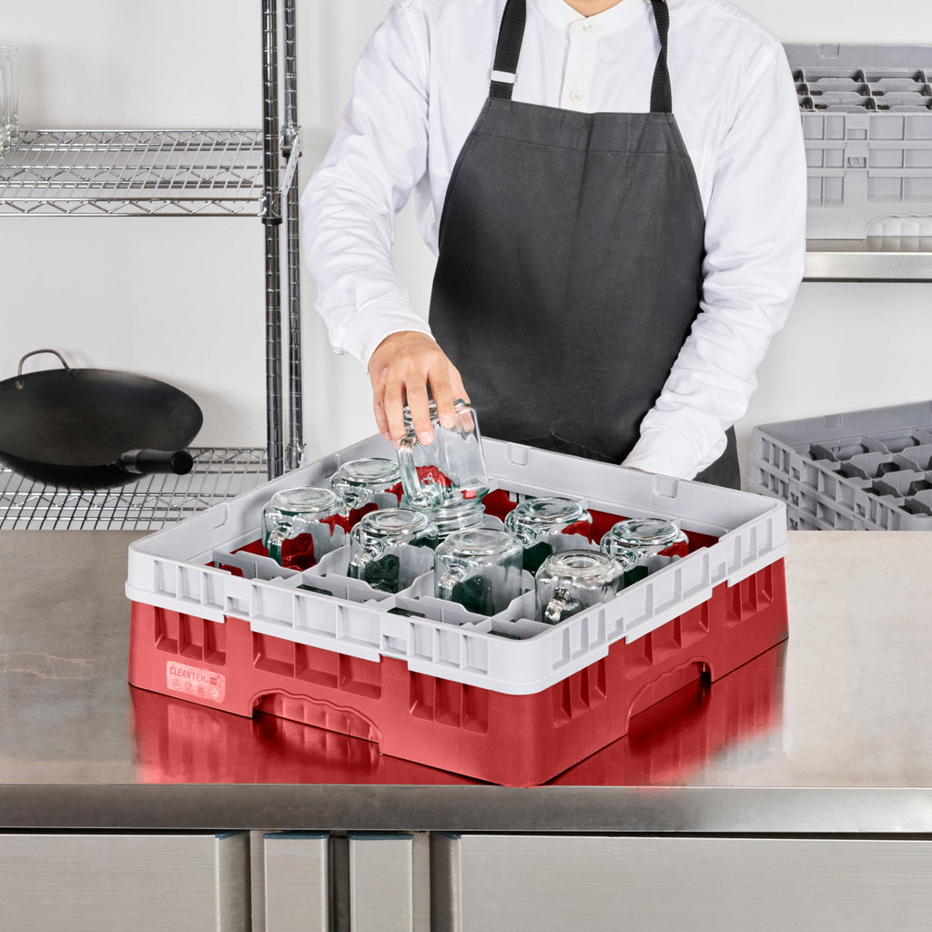 Clean Tek Professional Red Glass Rack - 16 Compartments, 1 Full Drop Extender - 19 3/4" x 19 3/4" x 5 3/4" - 1 count box