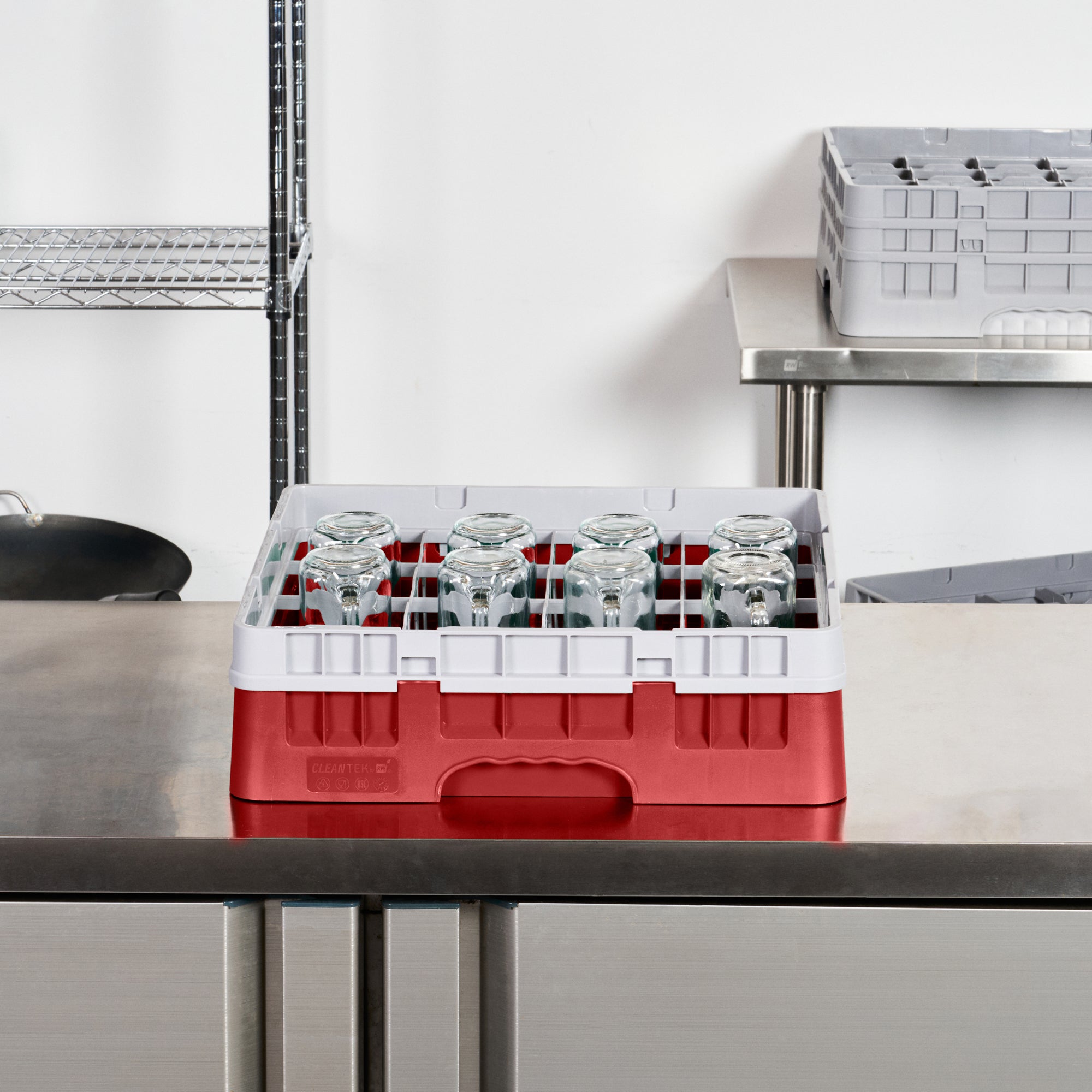 Clean Tek Professional Red Glass Rack - 16 Compartments, 1 Full Drop Extender - 19 3/4" x 19 3/4" x 5 3/4" - 1 count box