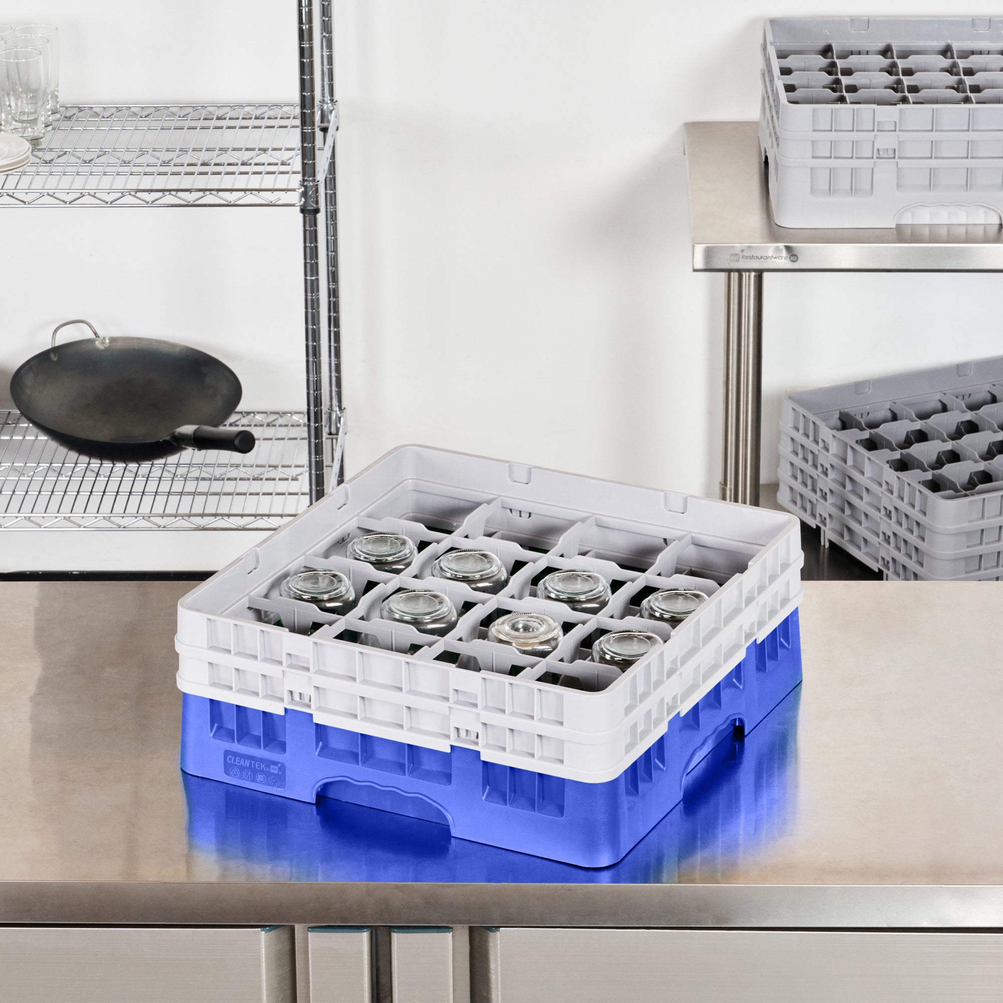 Clean Tek Professional Blue Glass Rack - 16 Compartments, 1 Full Drop and 1 Half Drop Extender - 19 3/4" x 19 3/4" x 7 1/4" - 1 count box
