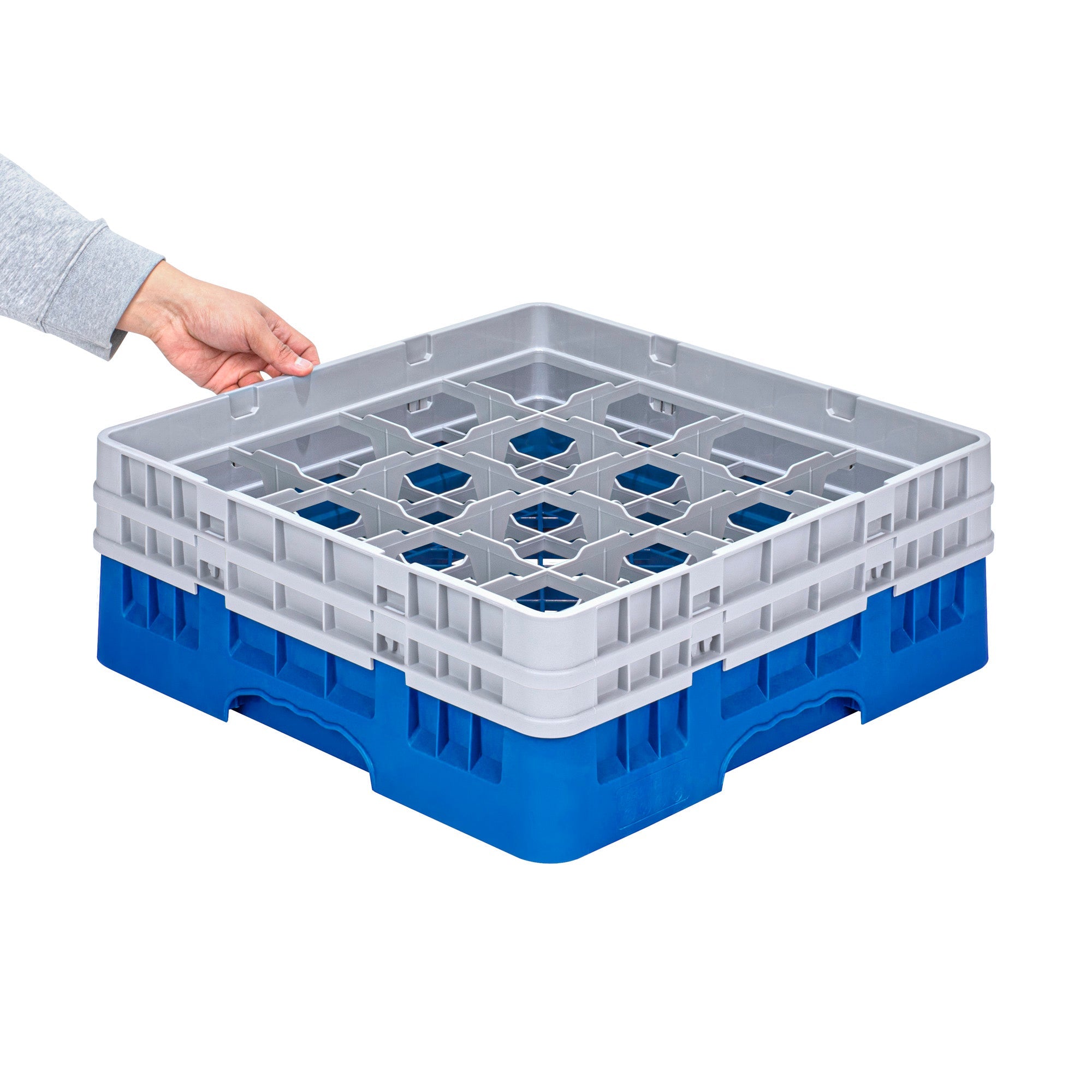 Clean Tek Professional Blue Glass Rack - 16 Compartments, 1 Full Drop and 1 Half Drop Extender - 19 3/4" x 19 3/4" x 7 1/4" - 1 count box