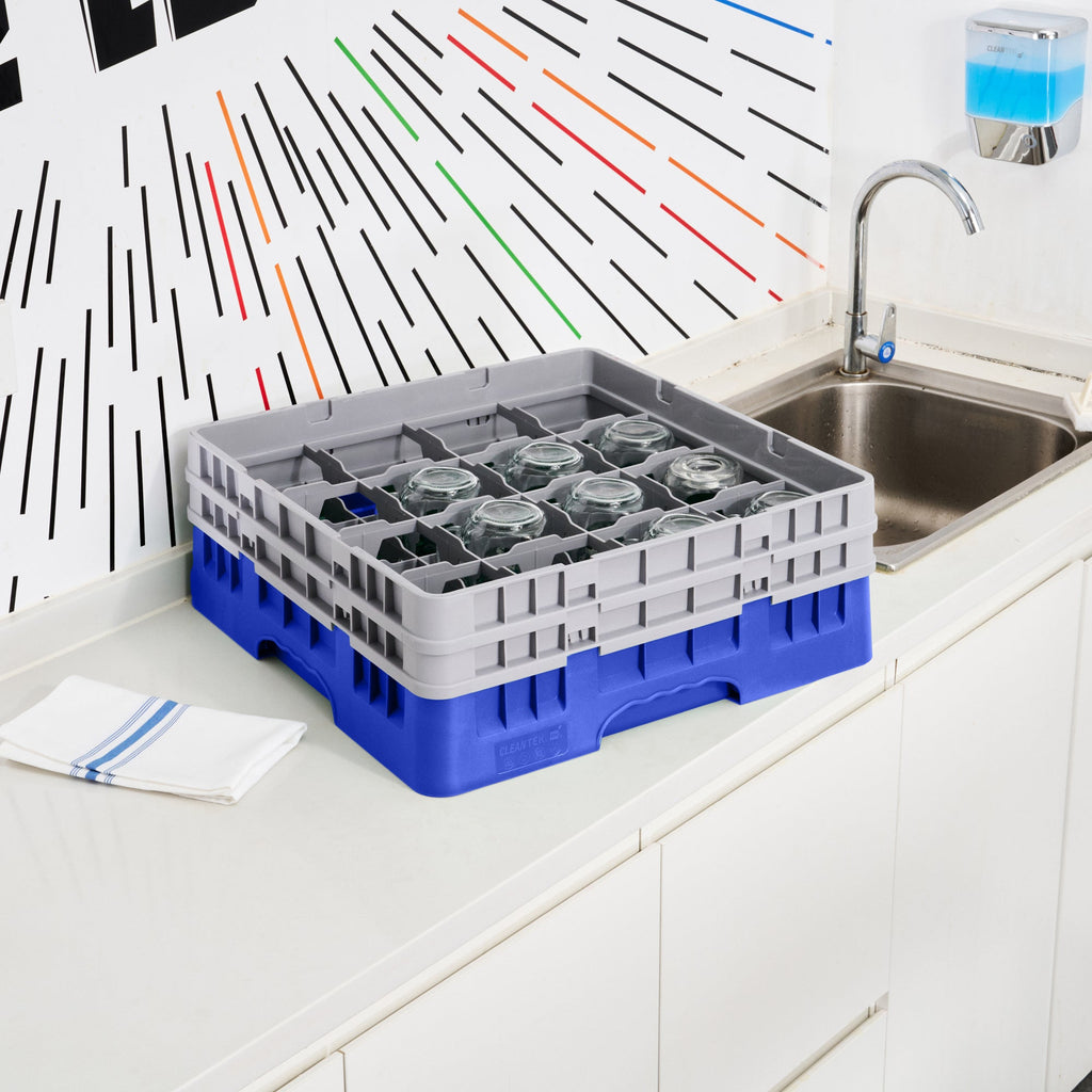 Clean Tek Professional Blue Glass Rack - 16 Compartments, 1 Full Drop and 1 Half Drop Extender - 19 3/4" x 19 3/4" x 7 1/4" - 1 count box
