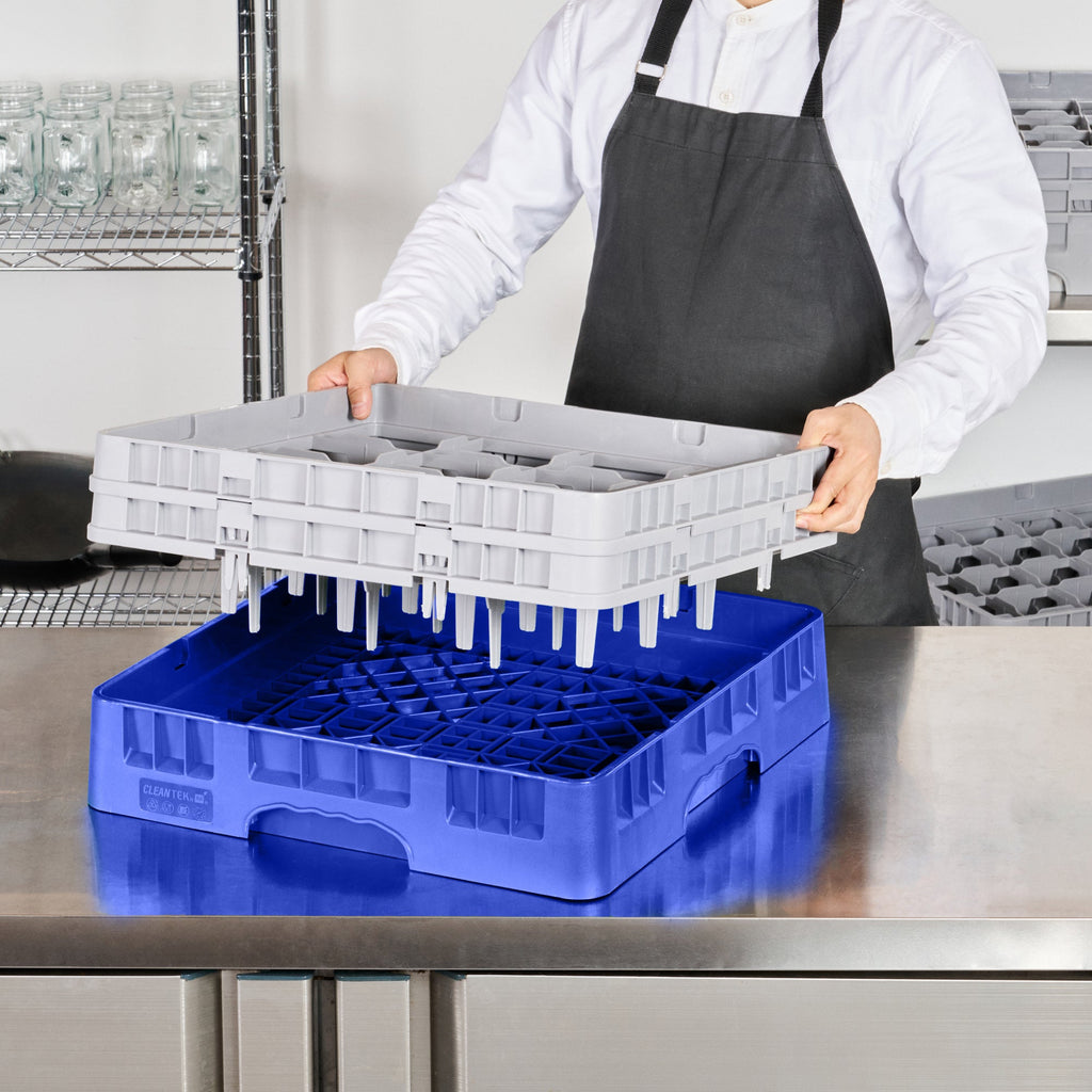 Clean Tek Professional Blue Glass Rack - 16 Compartments, 1 Full Drop and 1 Half Drop Extender - 19 3/4" x 19 3/4" x 7 1/4" - 1 count box