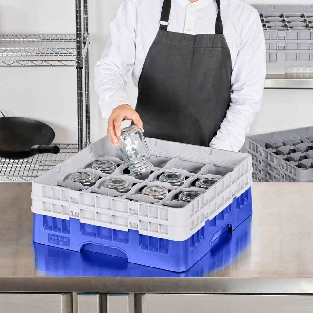 Clean Tek Professional Blue Glass Rack - 16 Compartments, 1 Full Drop and 1 Half Drop Extender - 19 3/4" x 19 3/4" x 7 1/4" - 1 count box