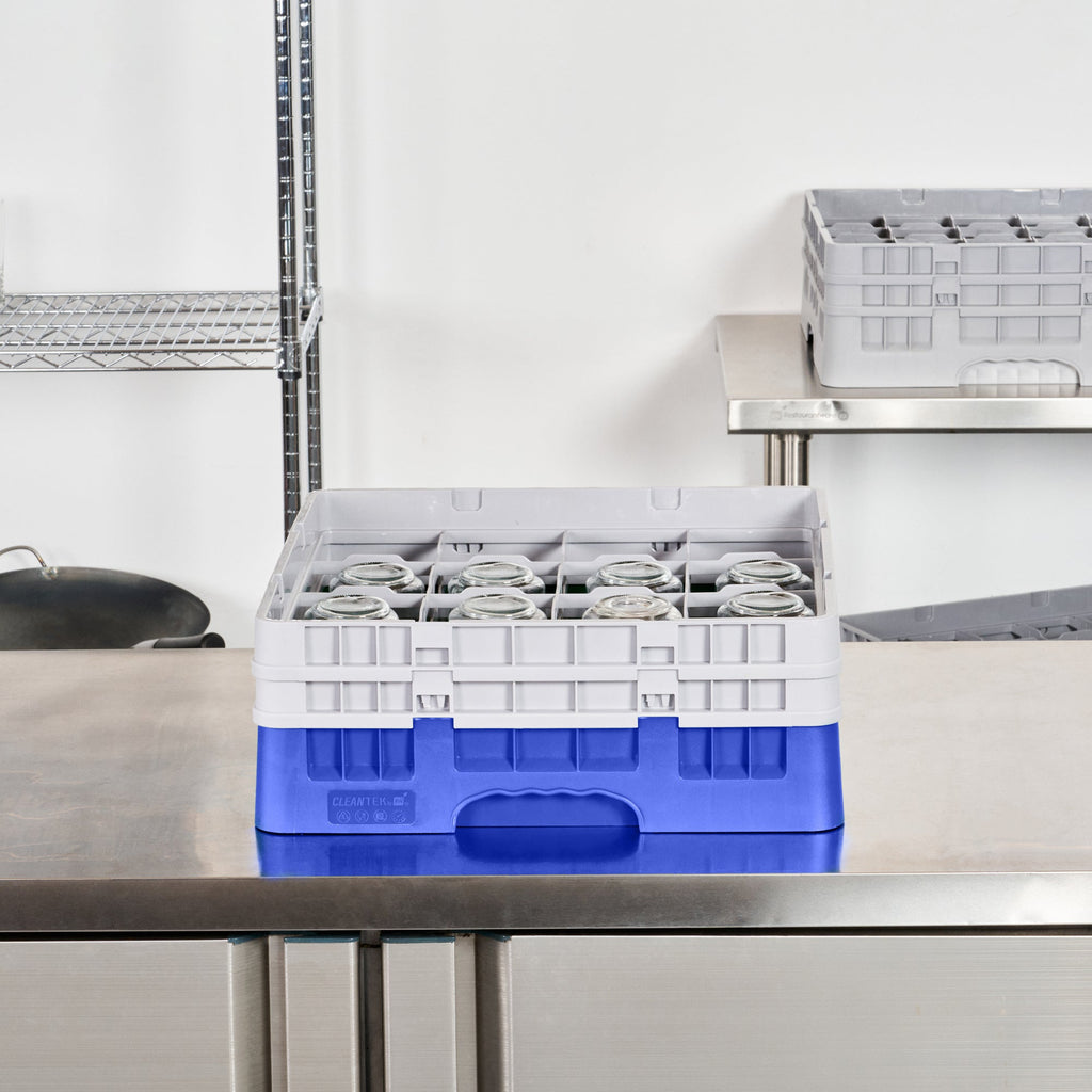 Clean Tek Professional Blue Glass Rack - 16 Compartments, 1 Full Drop and 1 Half Drop Extender - 19 3/4" x 19 3/4" x 7 1/4" - 1 count box