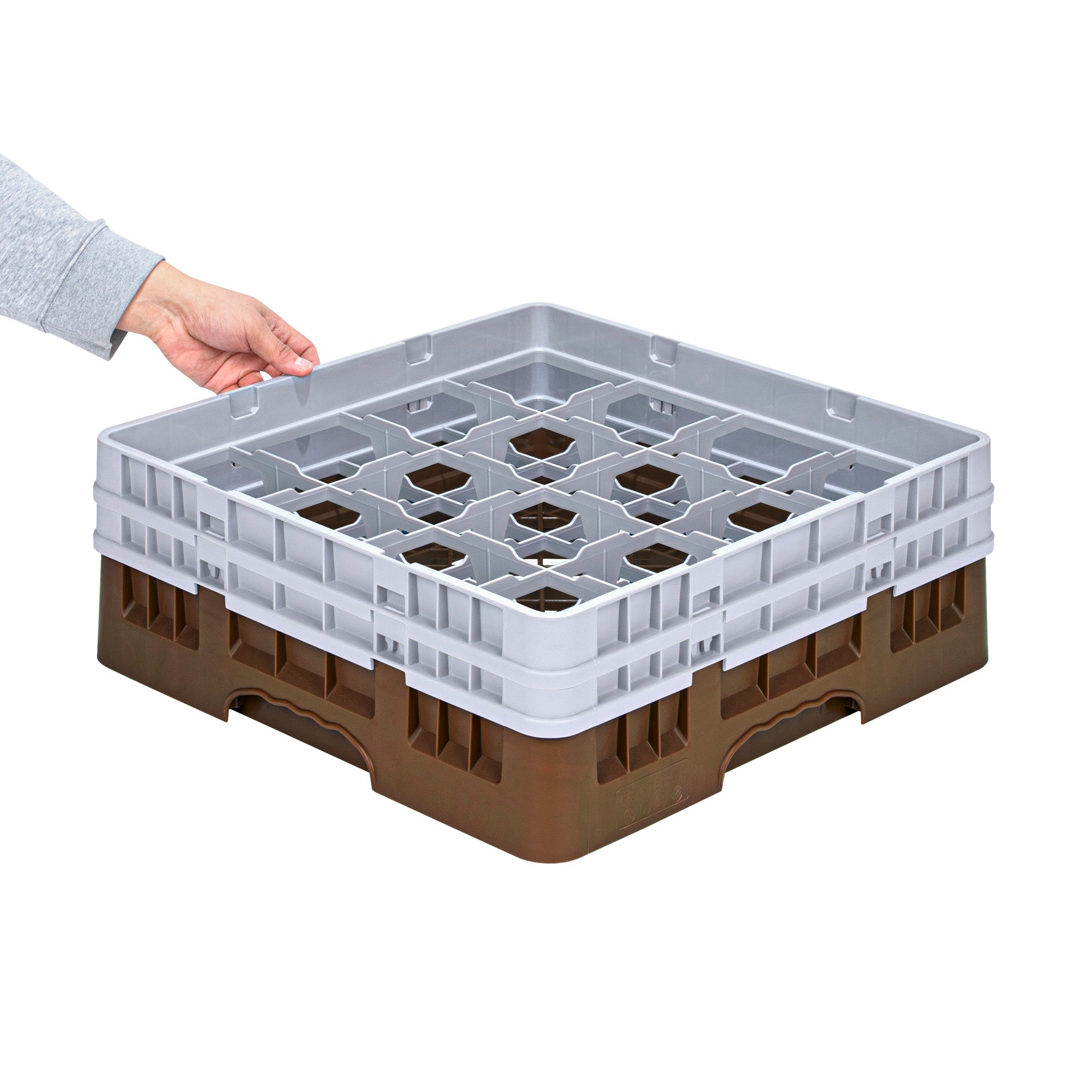Clean Tek Professional Brown Glass Rack - 16 Compartments, 1 Full Drop and 1 Half Drop Extender - 19 3/4" x 19 3/4" x 7 1/4" - 1 count box