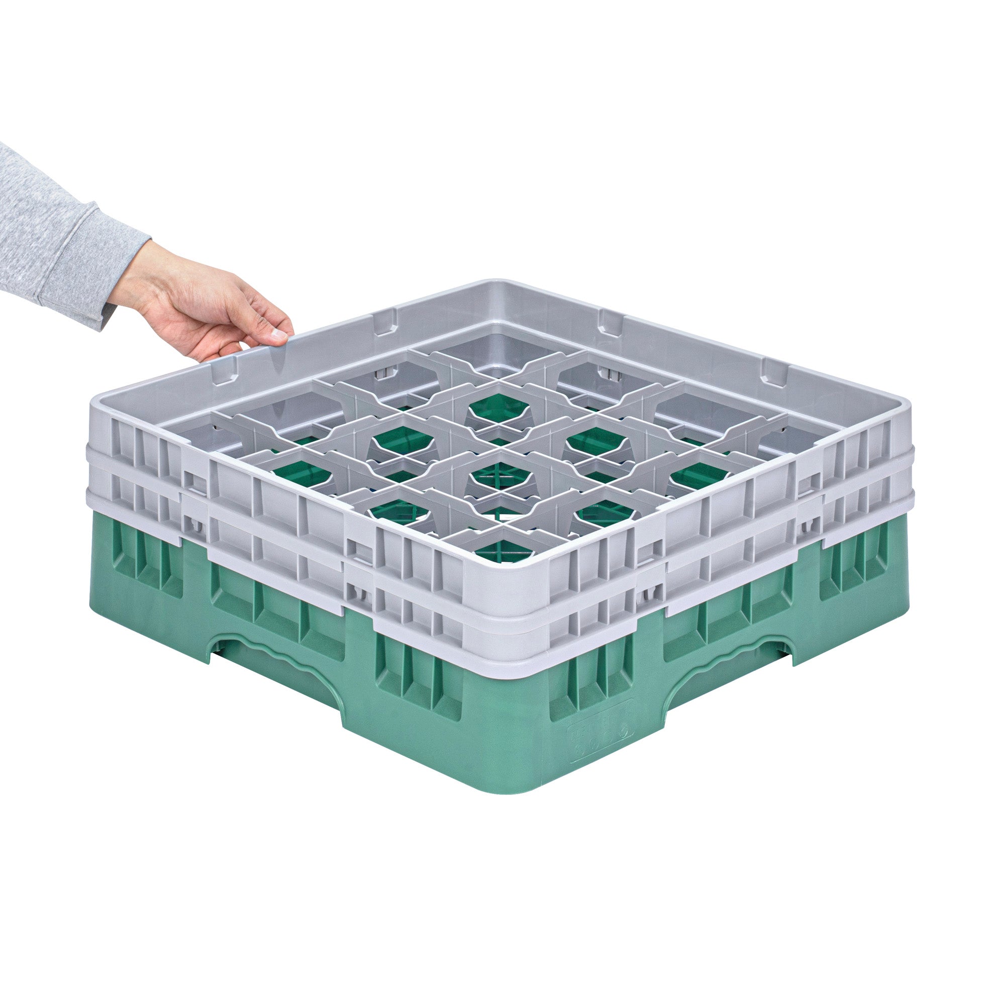 Clean Tek Professional Green Glass Rack - 16 Compartments, 1 Full Drop and 1 Half Drop Extender - 19 3/4" x 19 3/4" x 7 1/4" - 1 count box