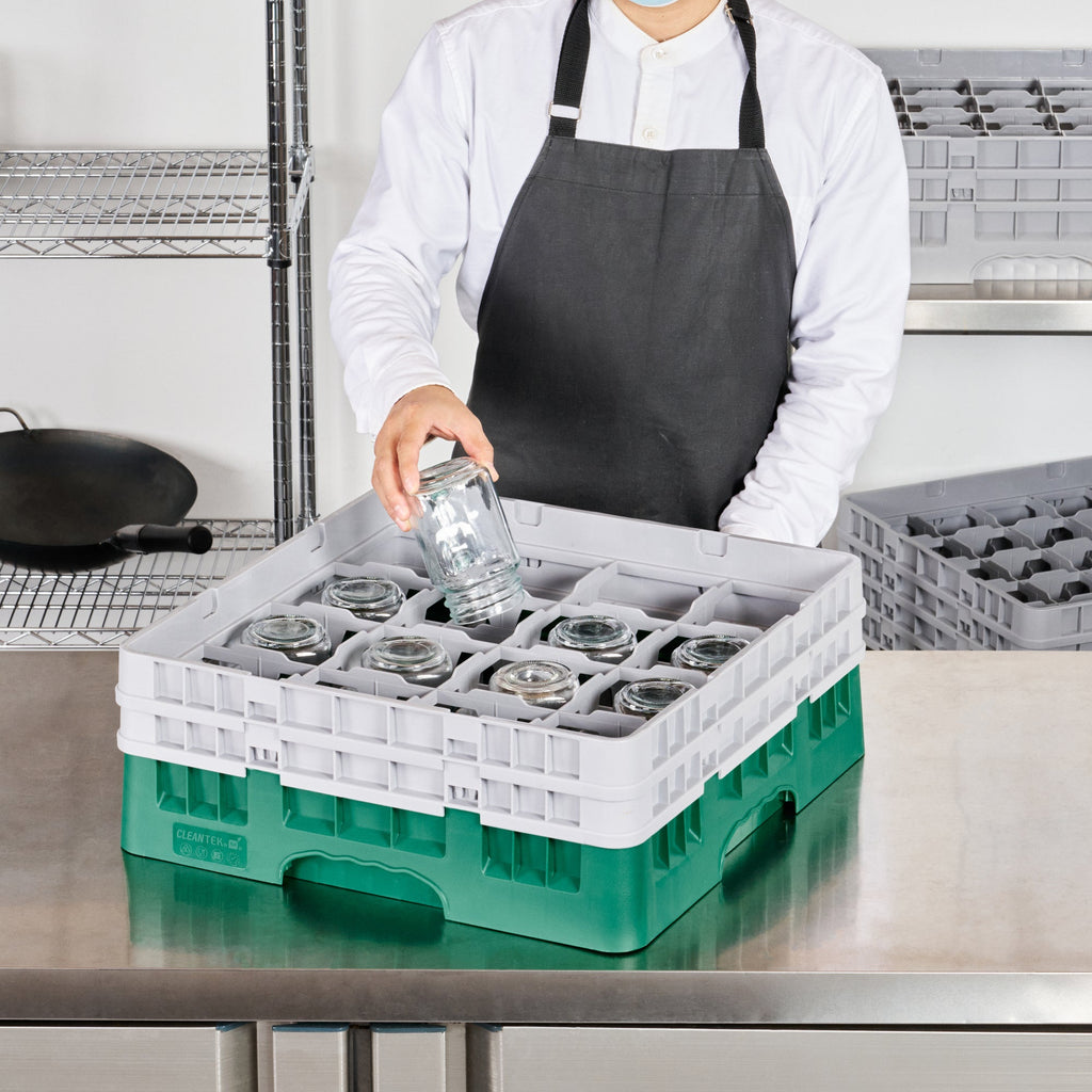 Clean Tek Professional Green Glass Rack - 16 Compartments, 1 Full Drop and 1 Half Drop Extender - 19 3/4" x 19 3/4" x 7 1/4" - 1 count box