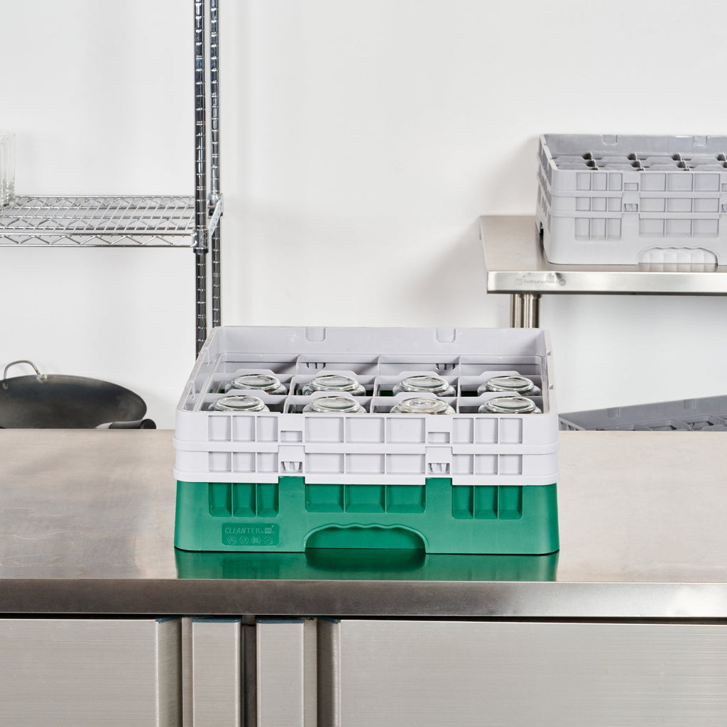 Clean Tek Professional Green Glass Rack - 16 Compartments, 1 Full Drop and 1 Half Drop Extender - 19 3/4" x 19 3/4" x 7 1/4" - 1 count box