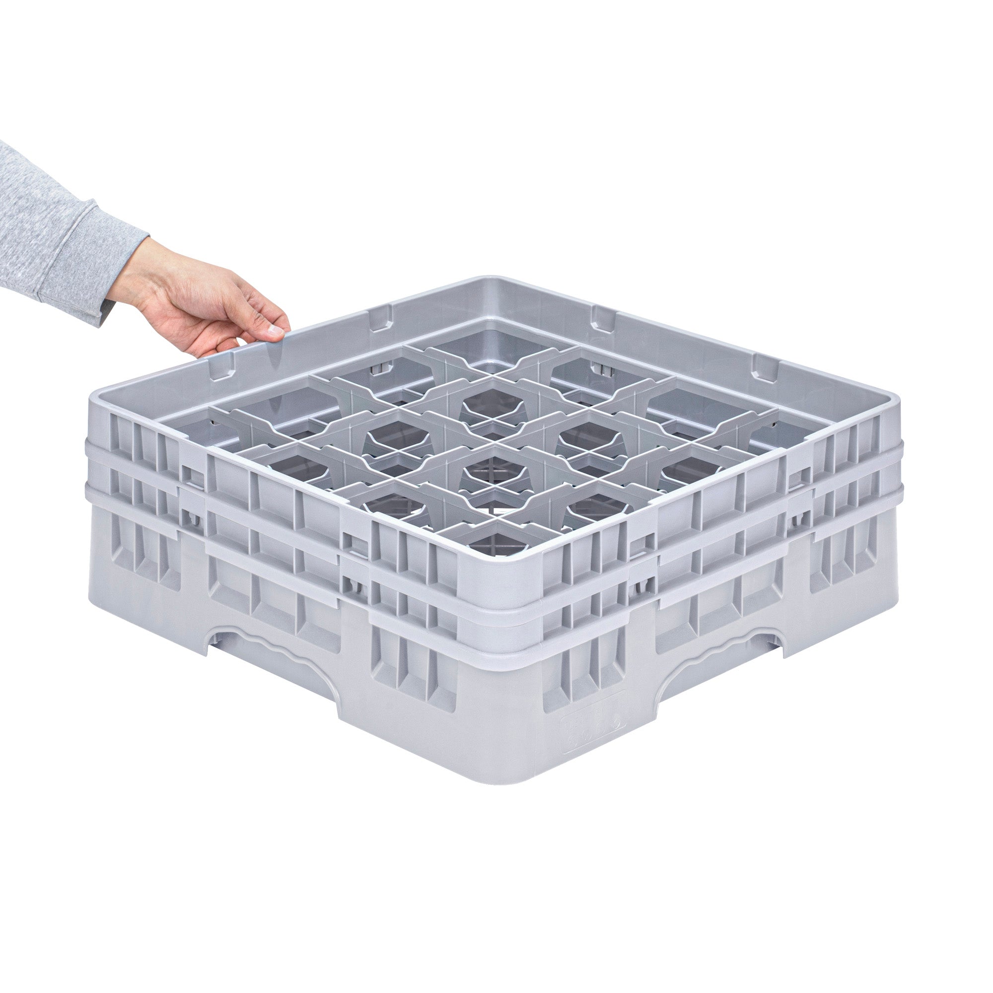 Clean Tek Professional Gray Glass Rack - 16 Compartments, 1 Full Drop and 1 Half Drop Extender - 19 3/4" x 19 3/4" x 7 1/4" - 1 count box