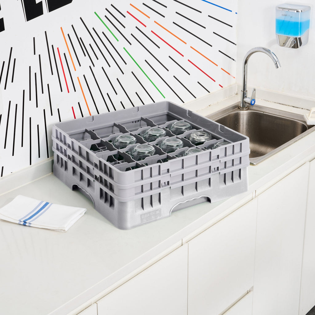 Clean Tek Professional Gray Glass Rack - 16 Compartments, 1 Full Drop and 1 Half Drop Extender - 19 3/4" x 19 3/4" x 7 1/4" - 1 count box
