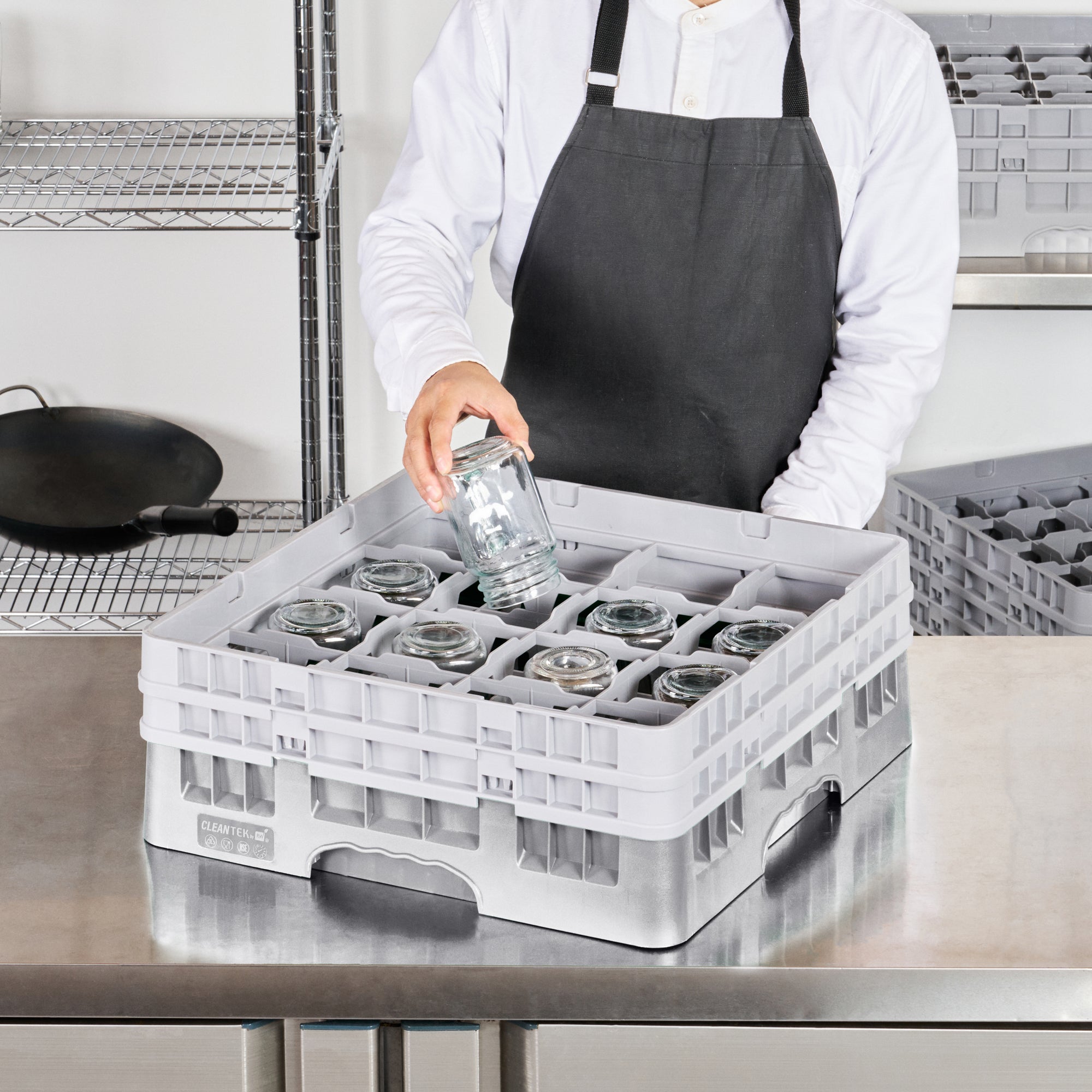 Clean Tek Professional Gray Glass Rack - 16 Compartments, 1 Full Drop and 1 Half Drop Extender - 19 3/4" x 19 3/4" x 7 1/4" - 1 count box