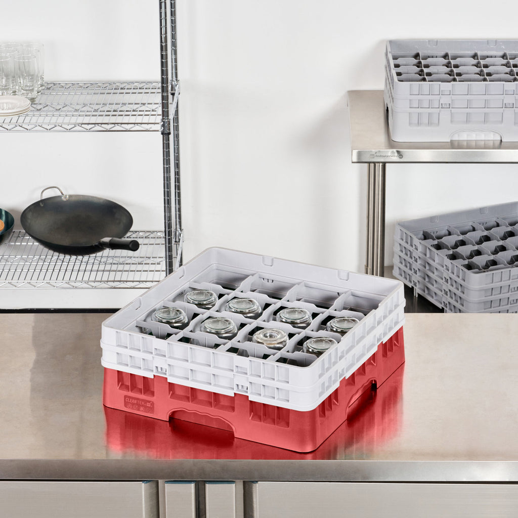 Clean Tek Professional Red Glass Rack - 16 Compartments, 1 Full Drop and 1 Half Drop Extender - 19 3/4" x 19 3/4" x 7 1/4" - 1 count box