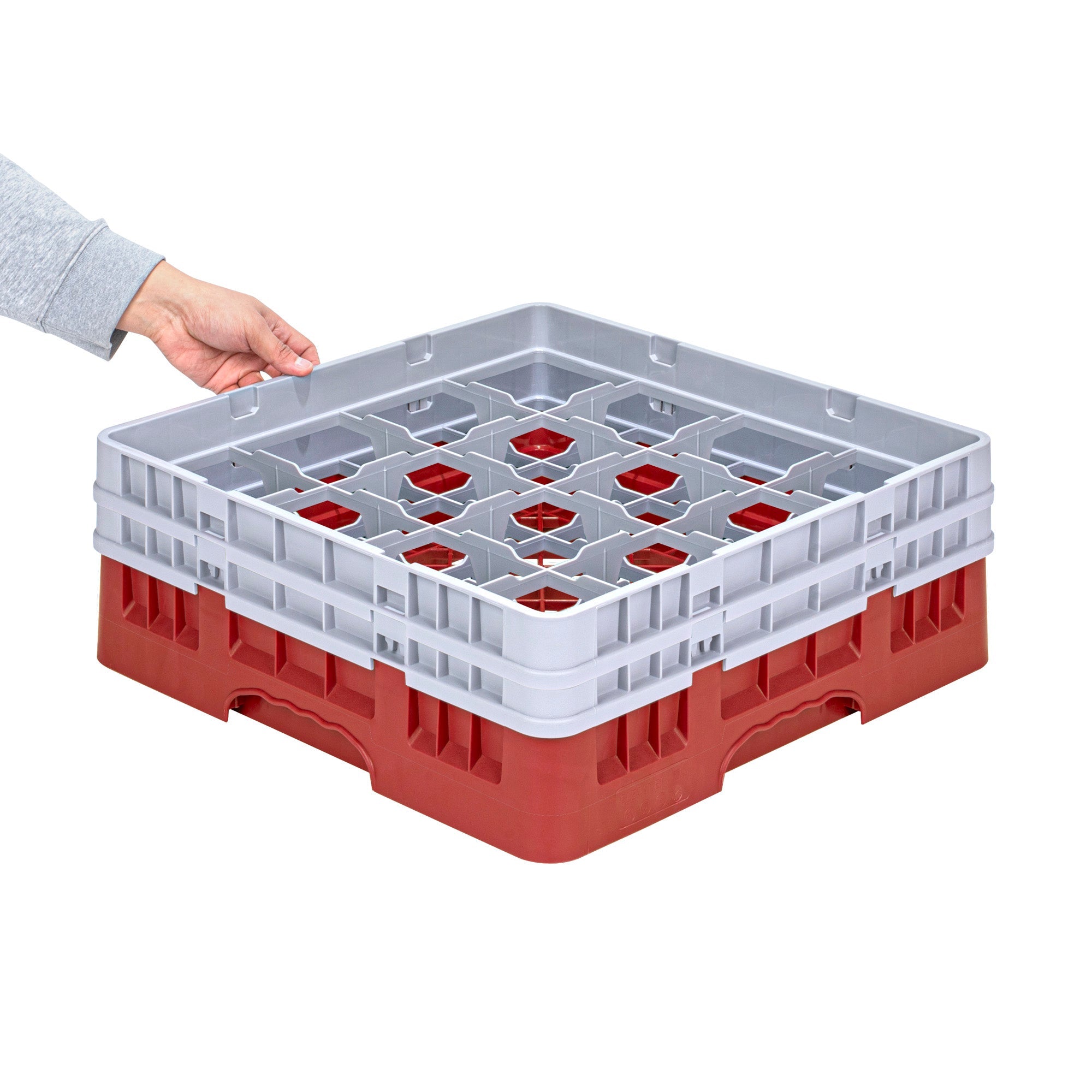 Clean Tek Professional Red Glass Rack - 16 Compartments, 1 Full Drop and 1 Half Drop Extender - 19 3/4" x 19 3/4" x 7 1/4" - 1 count box