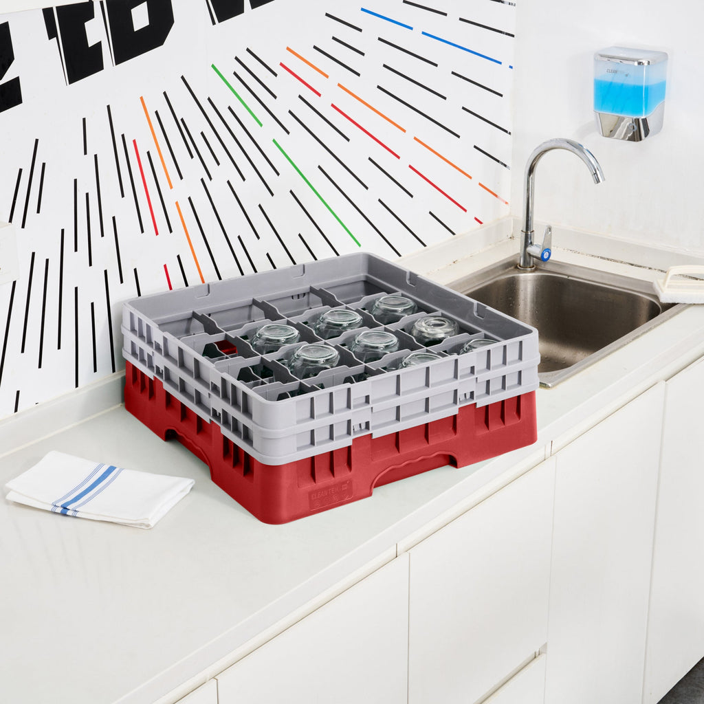 Clean Tek Professional Red Glass Rack - 16 Compartments, 1 Full Drop and 1 Half Drop Extender - 19 3/4" x 19 3/4" x 7 1/4" - 1 count box