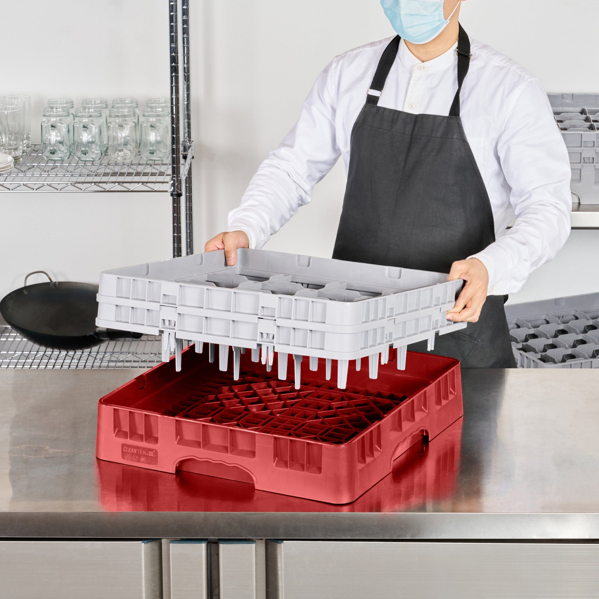 Clean Tek Professional Red Glass Rack - 16 Compartments, 1 Full Drop and 1 Half Drop Extender - 19 3/4" x 19 3/4" x 7 1/4" - 1 count box